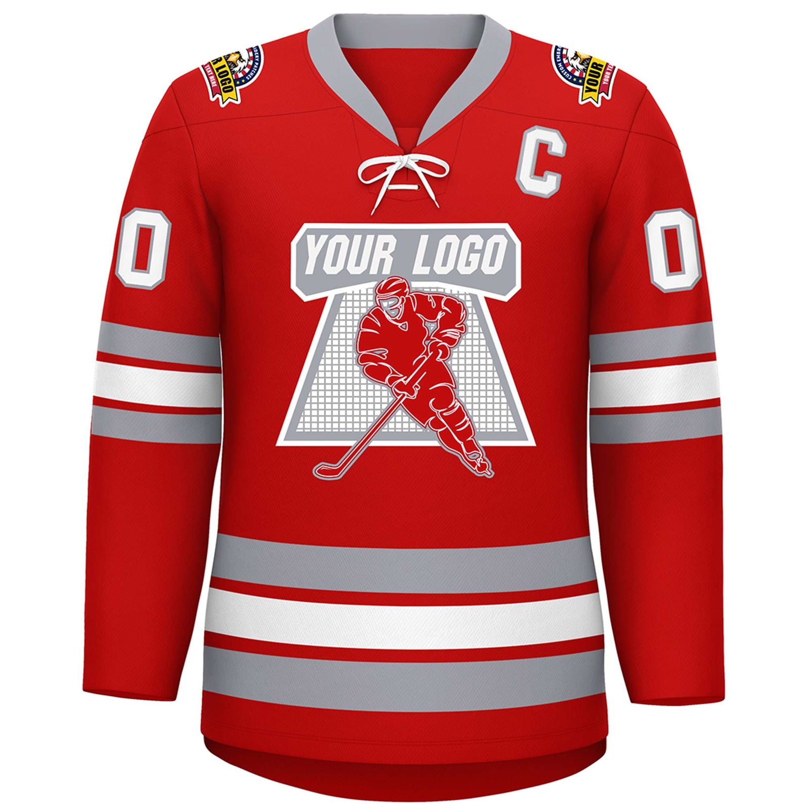 Custom Red White-Gray Lace-Up Neck Hockey Jersey