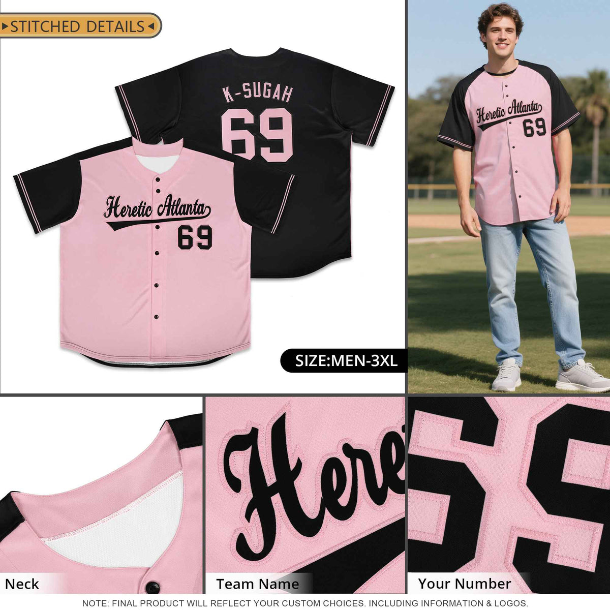 Custom Pink Powder Blue Color Block Personalized Raglan Sleeves Authentic Baseball Jersey