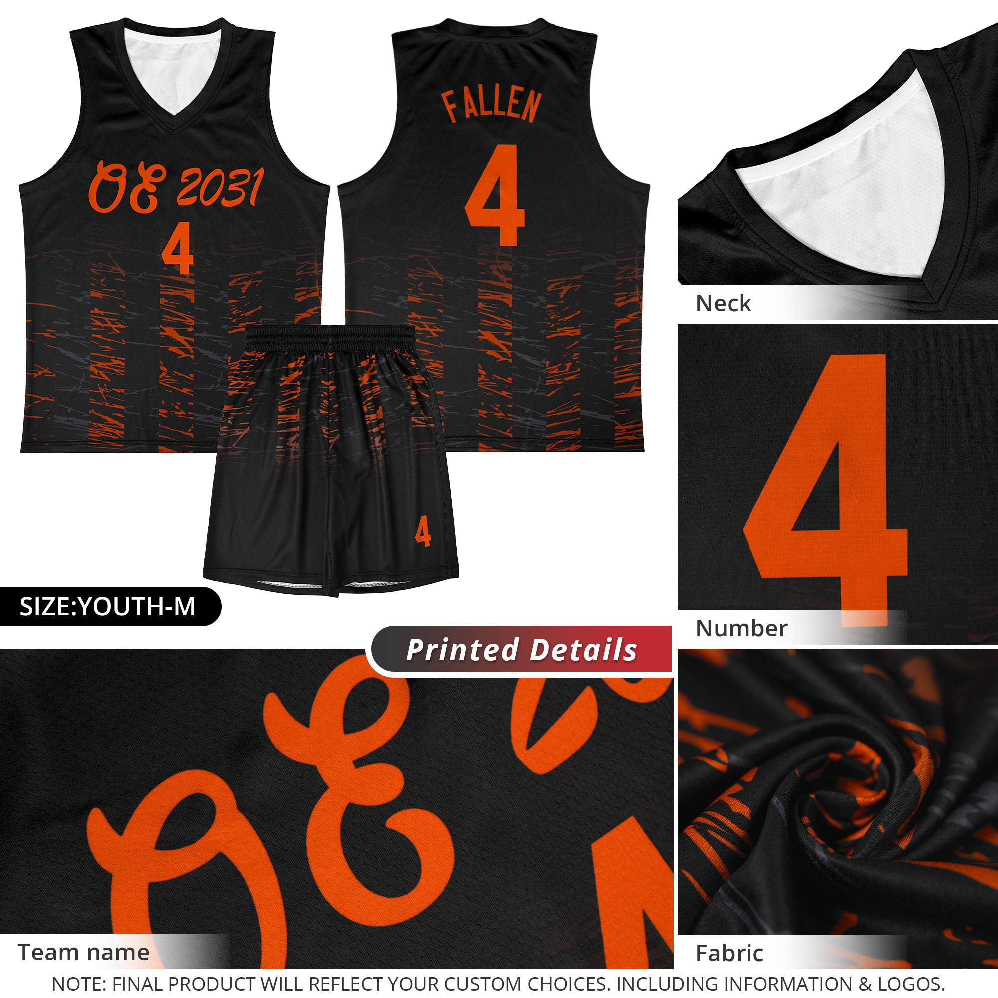 Custom Black Orange Personalized Scratches Pattern Sports Uniform Basketball Jersey
