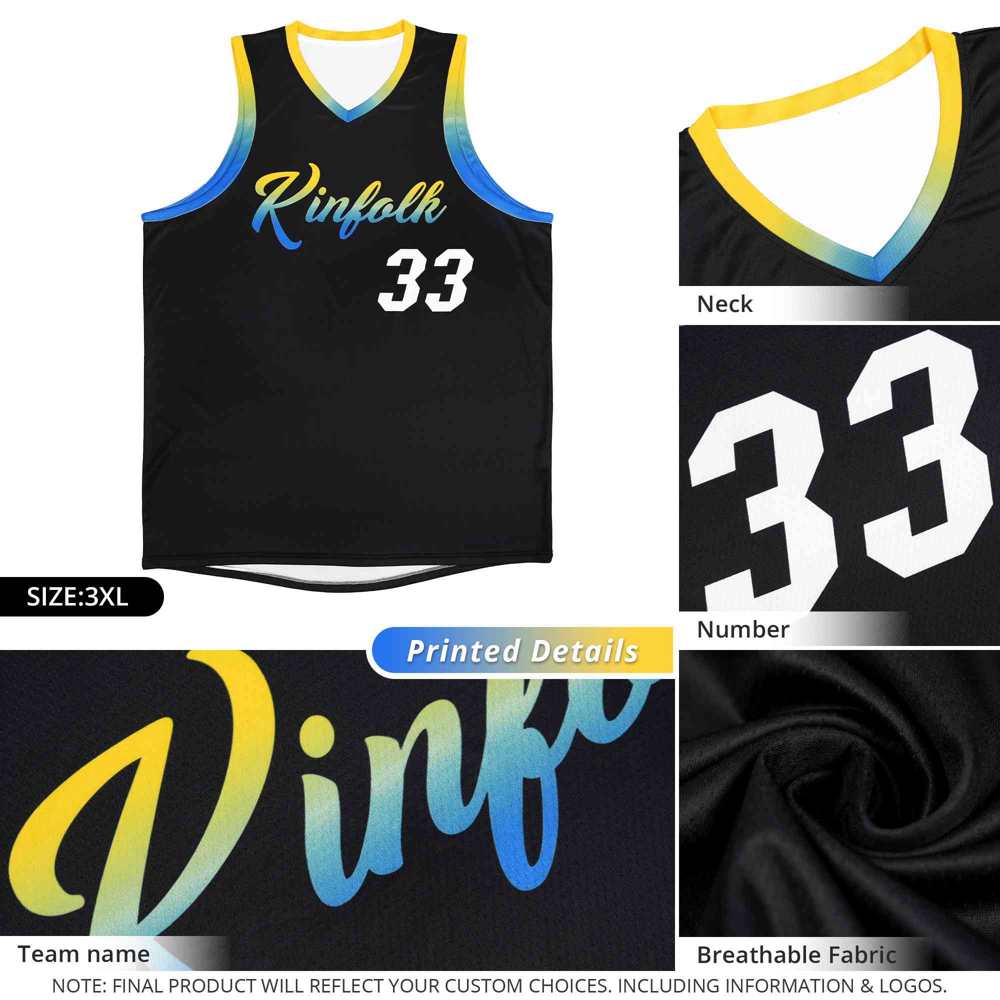 Custom Black Personalized Gradient Font Sports Uniform Basketball Jersey