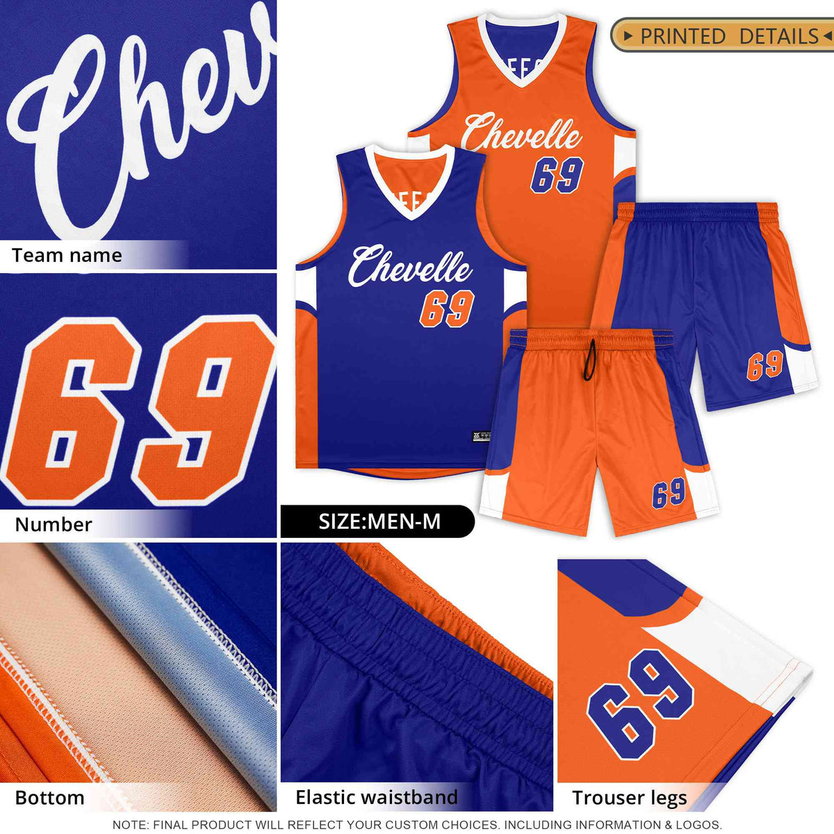 Custom Orange White Side U-shaped Patttern Double Side Sports Uniform Basketball Jersey