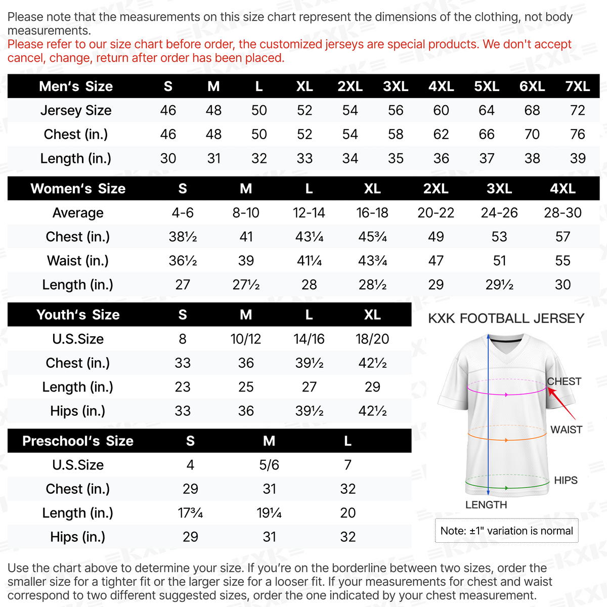 Football Jersey Size Chart