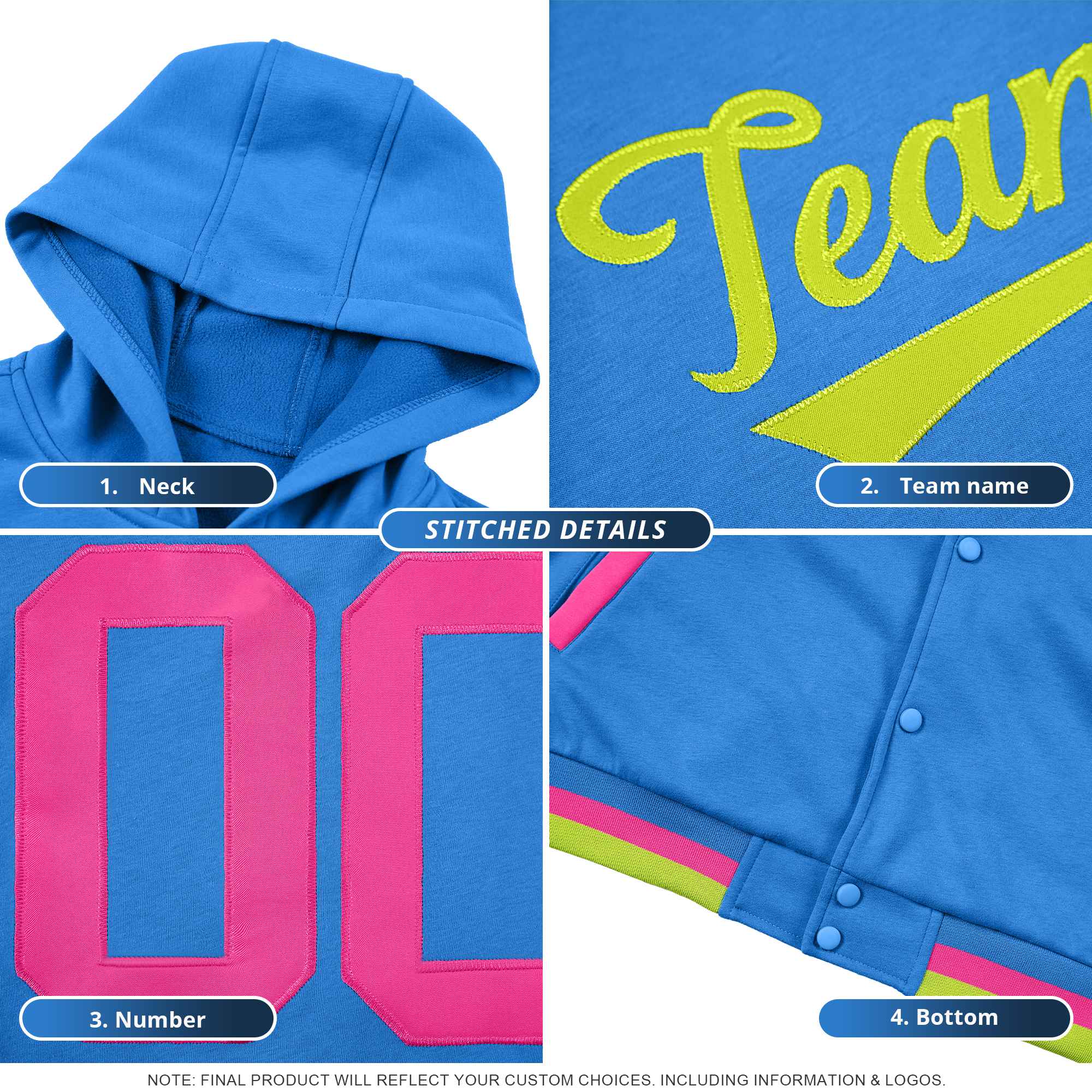 Custom Pink Gold Varsity Full-Snap Letterman Shoulder Color Block Hoodie Jacket