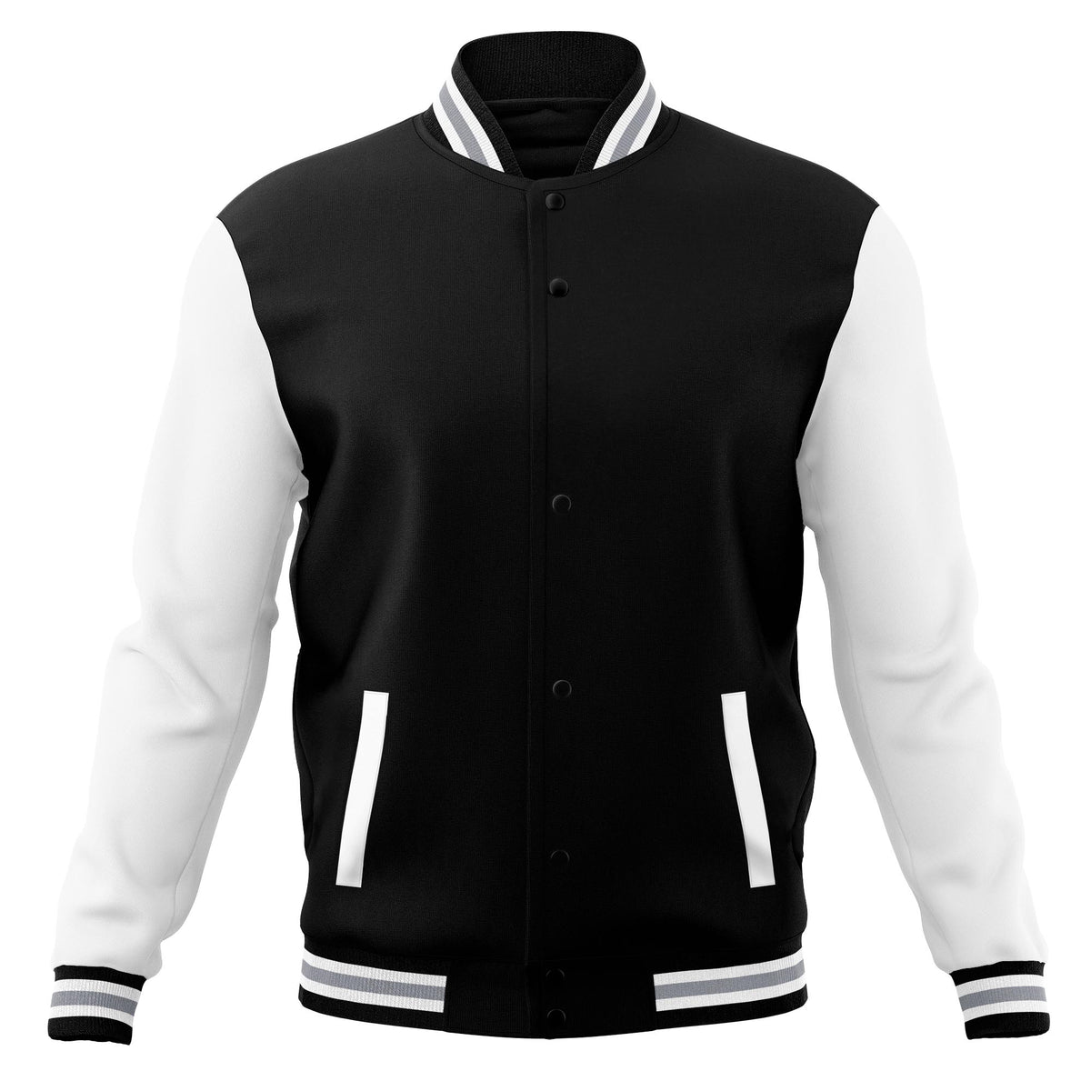 Black White Raglan Sleeves Varsity Full-Snap Letterman Jacket For Men