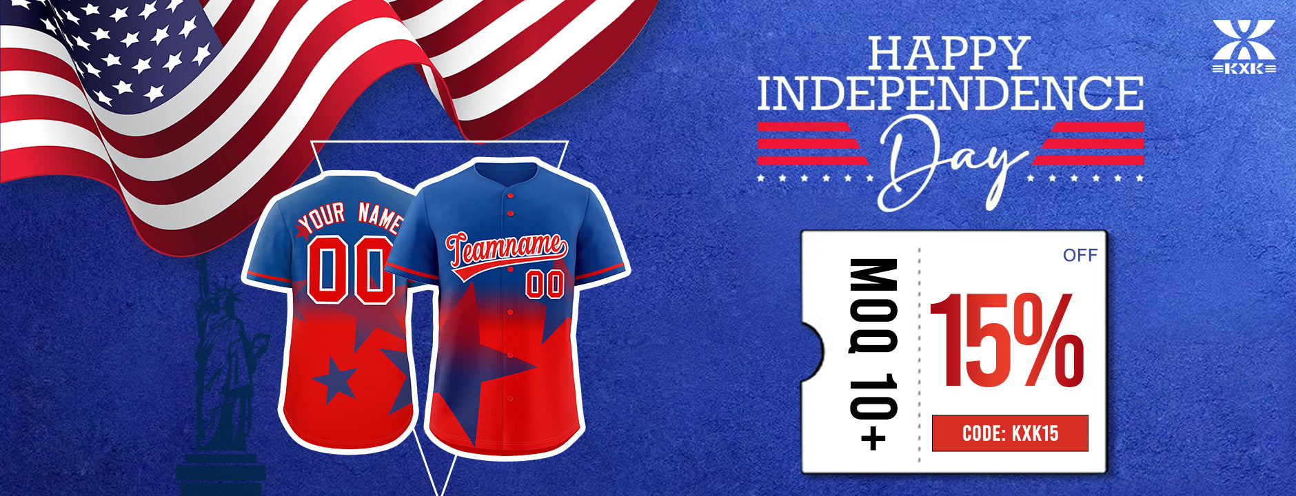 A patriotic Independence Day promotional banner featuring custom red and blue baseball jerseys, an American flag background, and a $10 discount offer.