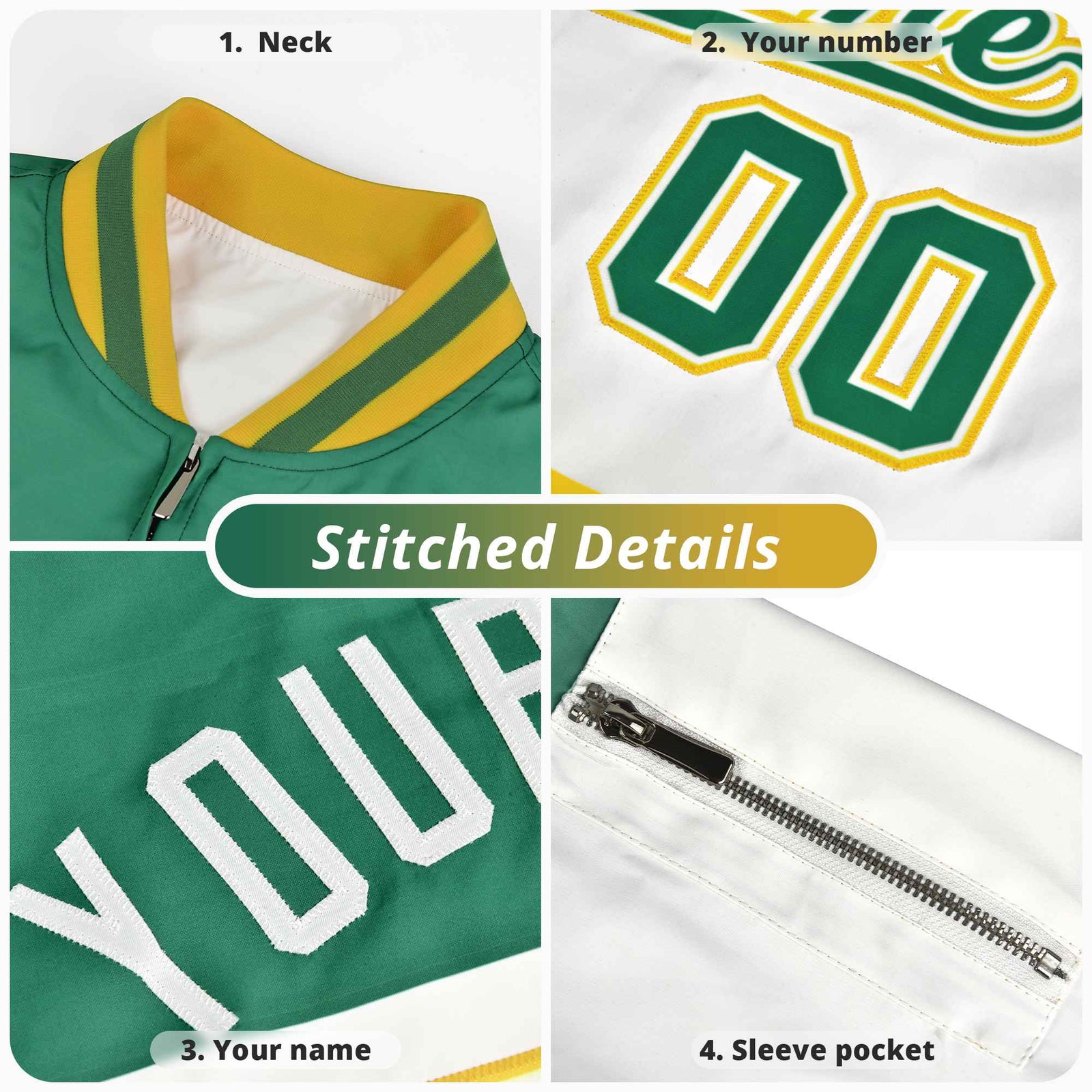 Custom White Black-Midnight Green Varsity Full-Zip Color Block Letterman Bomber Jacket