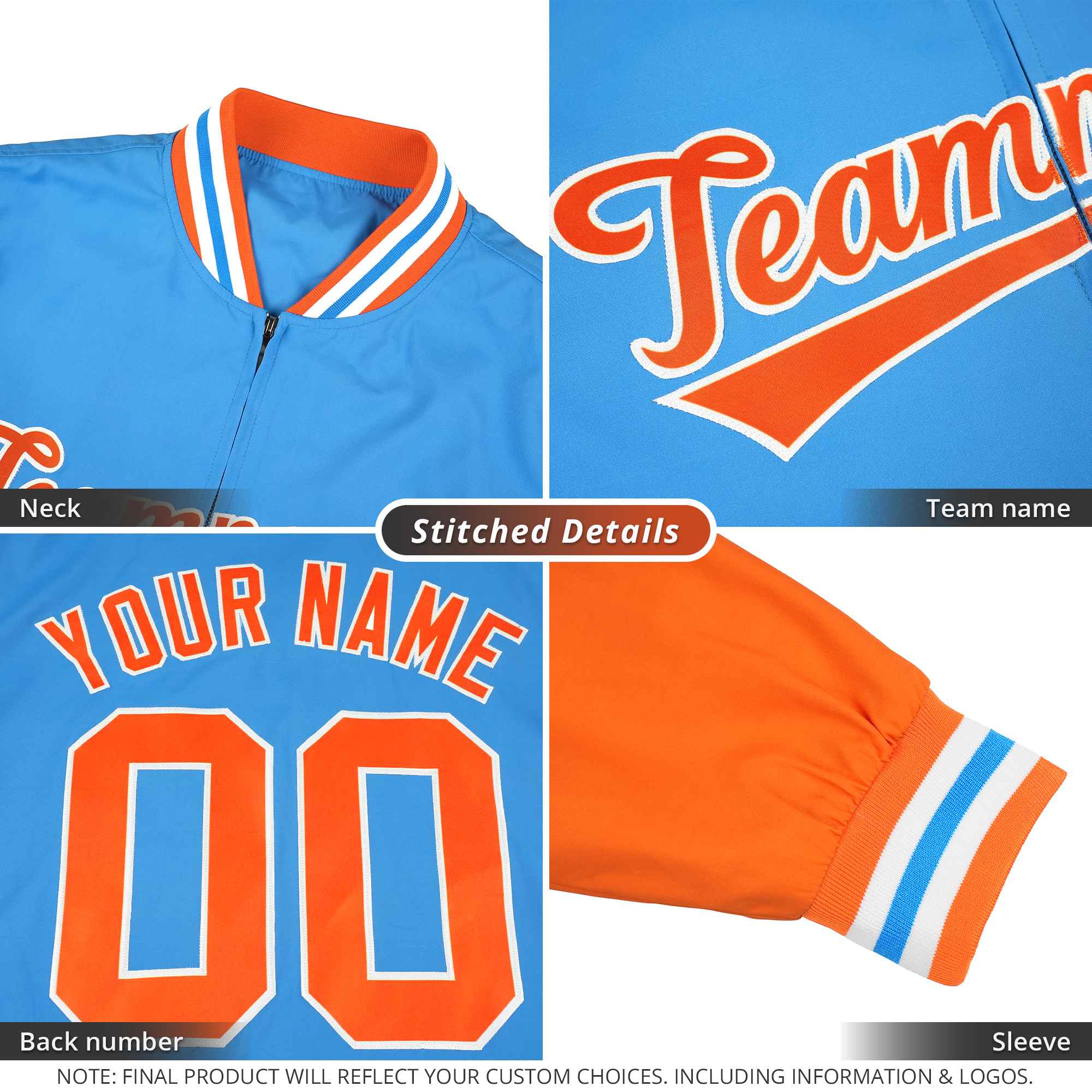 Custom Navy Powder Blue-White Varsity Full-Zip Raglan Sleeves Stripe Letterman Bomber Jacket