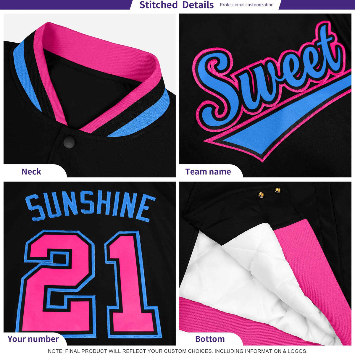 Custom Purple Pink-White Classic Style Varsity Full-Snap Letterman Jacket
