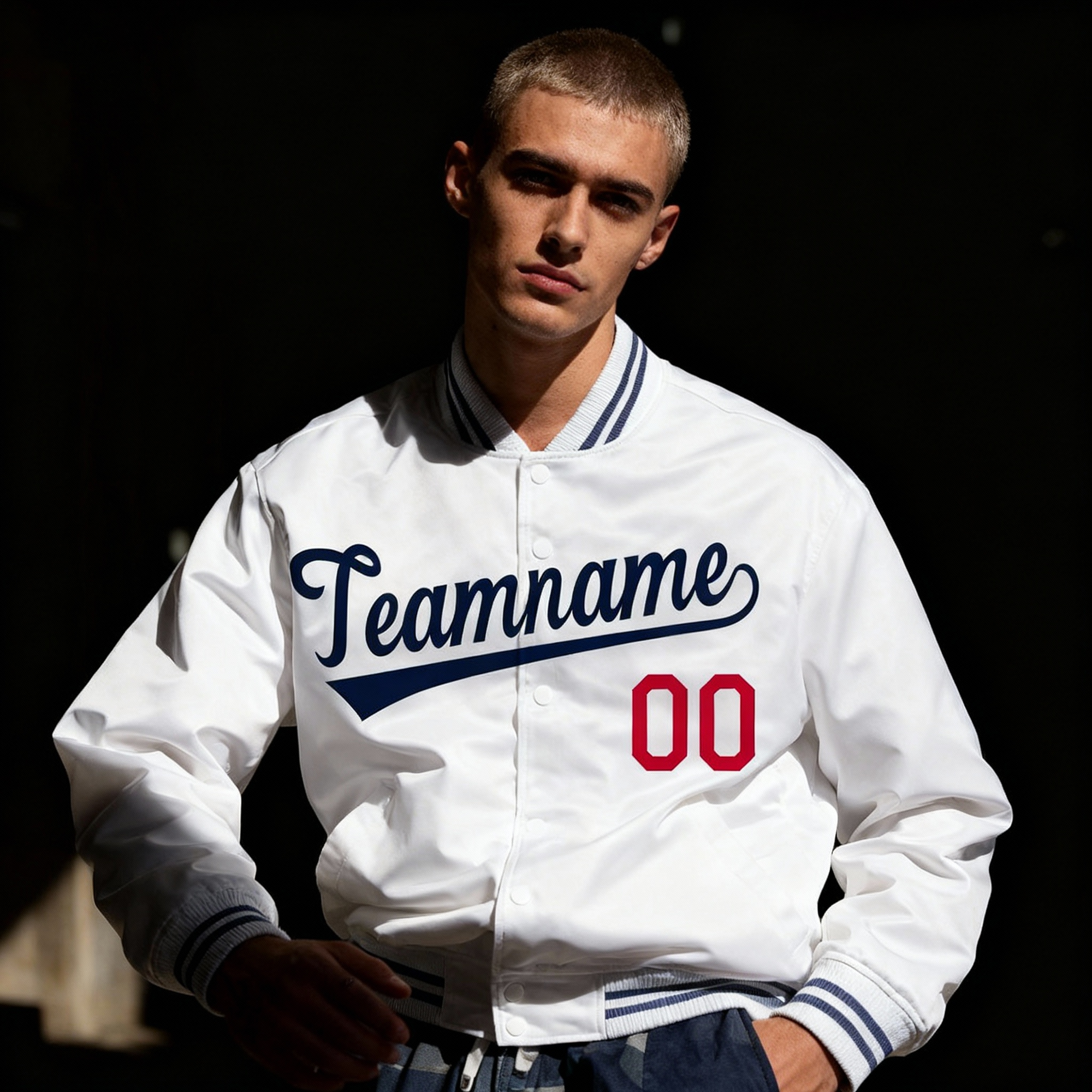 Custom White Royal-Red Letterman Solider Classic Style Varsity Full-Snap Jacket