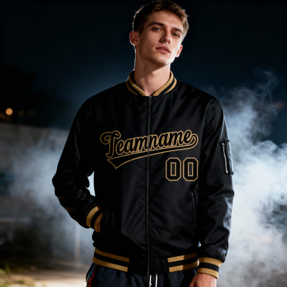 Custom Black Black-Old Gold Varsity Full-Zip Letterman Bomber Jacket