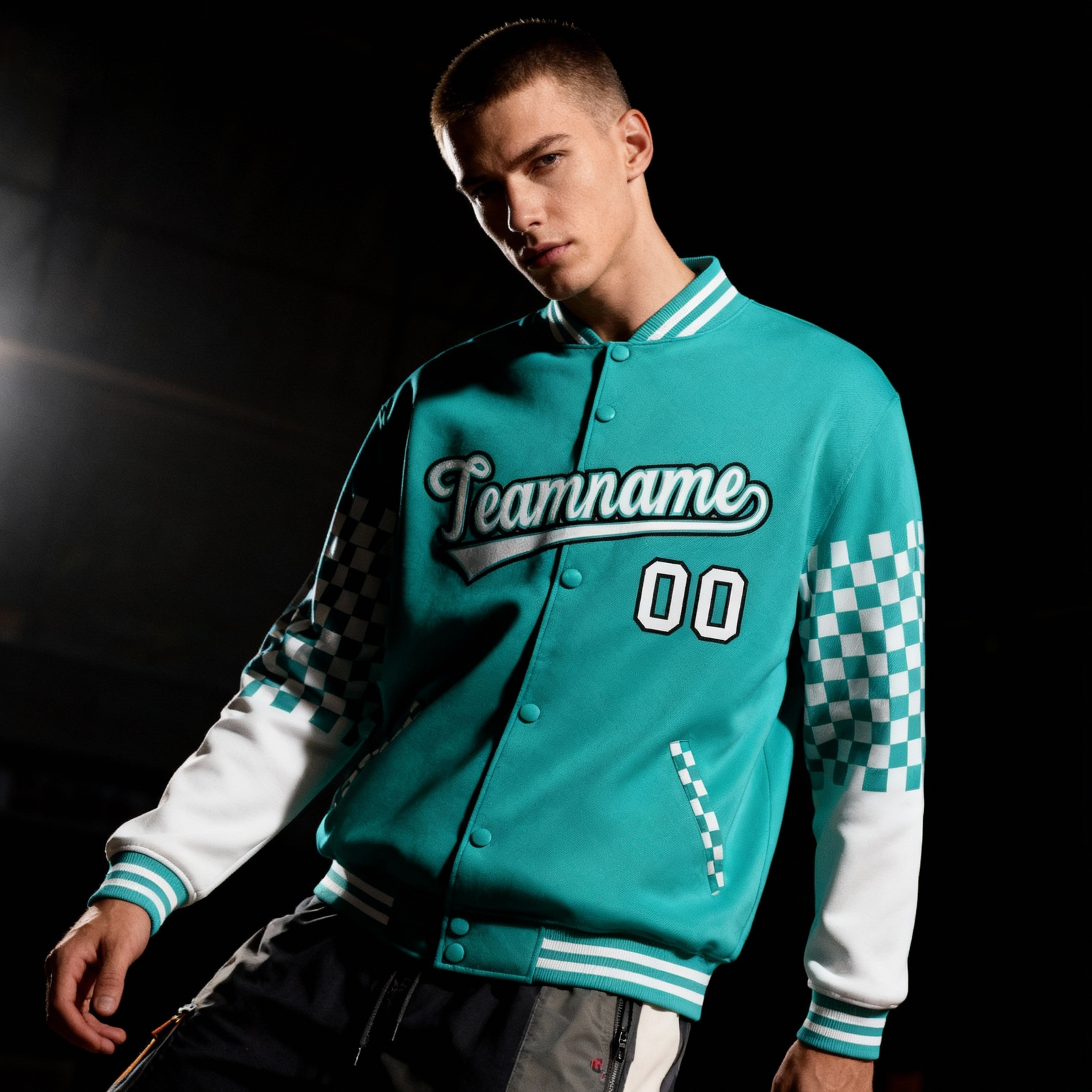 Custom Aqua White-Black Checkered Pattern Color Block Bomber Varsity Jacket