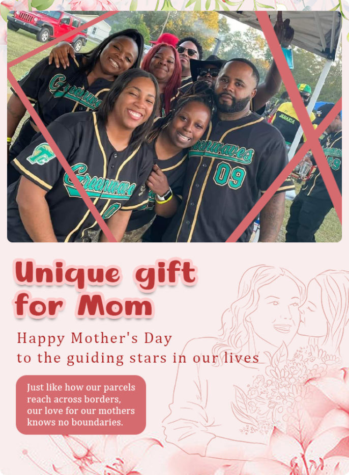 Family in custom baseball jerseys celebrating Mother’s Day, personalized sports gifts for mom