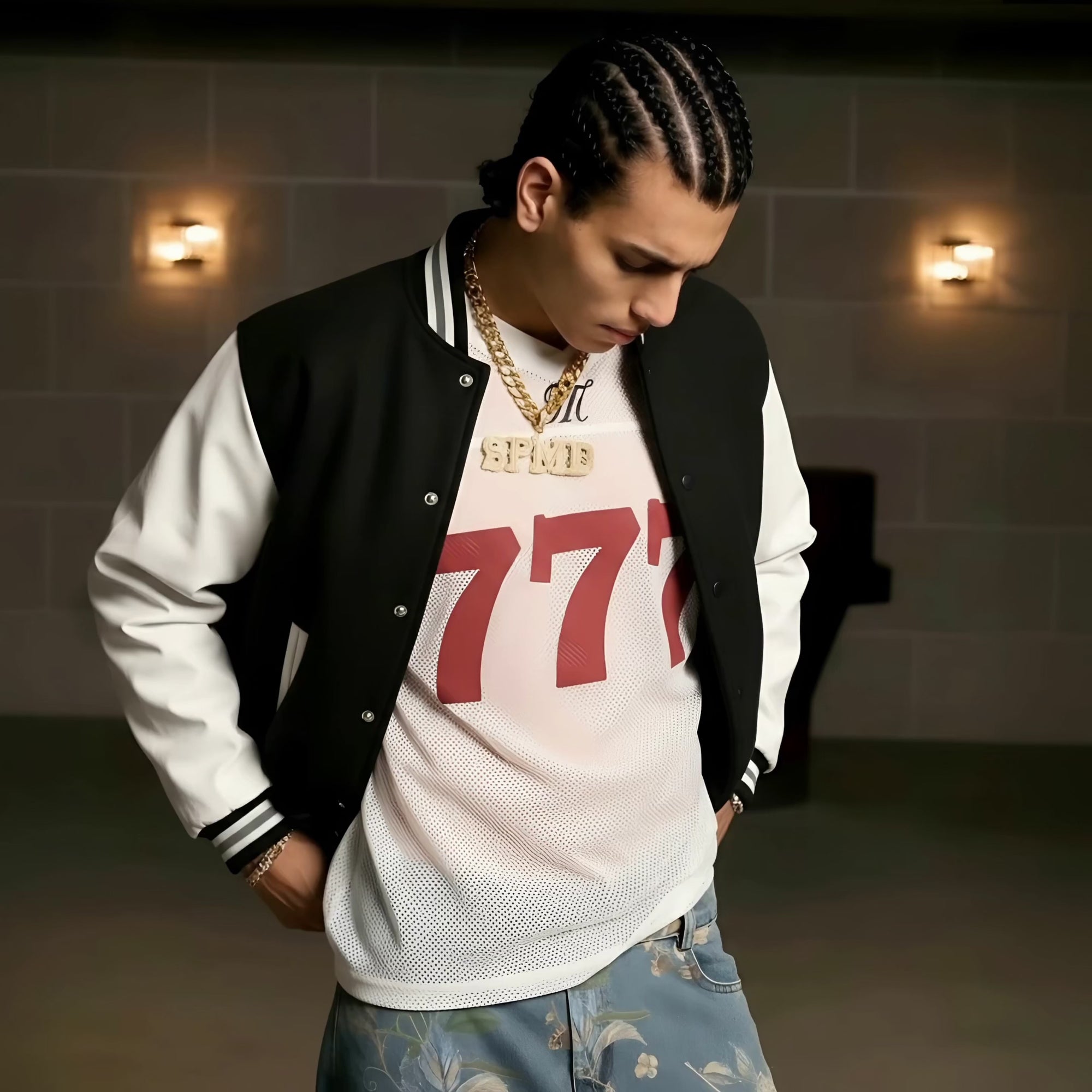 Black White Raglan Sleeves Varsity Full-Snap Letterman Jacket For Men