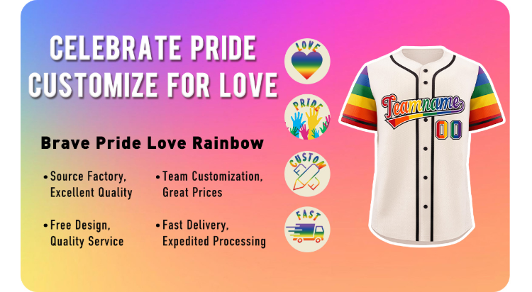 Custom pride rainbow baseball jersey with team name and number, celebrate pride month with personalized design, free custom design and fast delivery