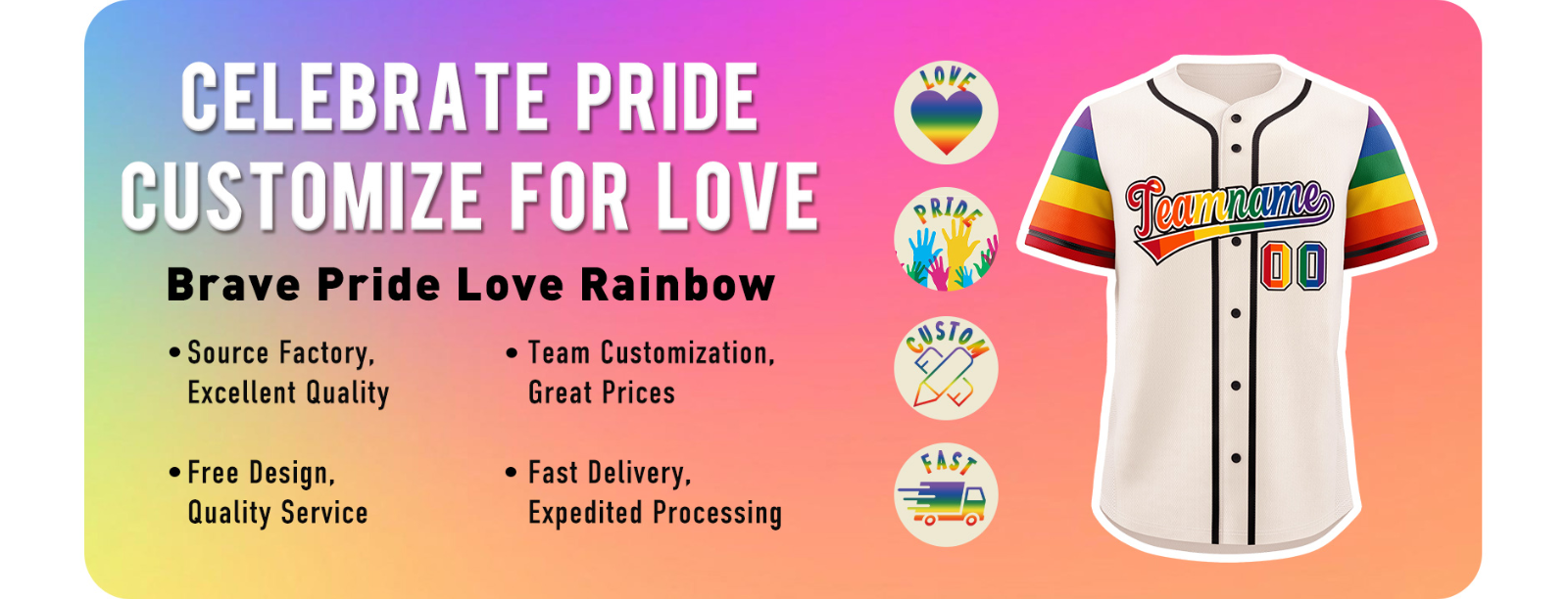 Custom pride rainbow baseball jersey with team name and number, celebrate pride month with personalized design, free custom design and fast delivery