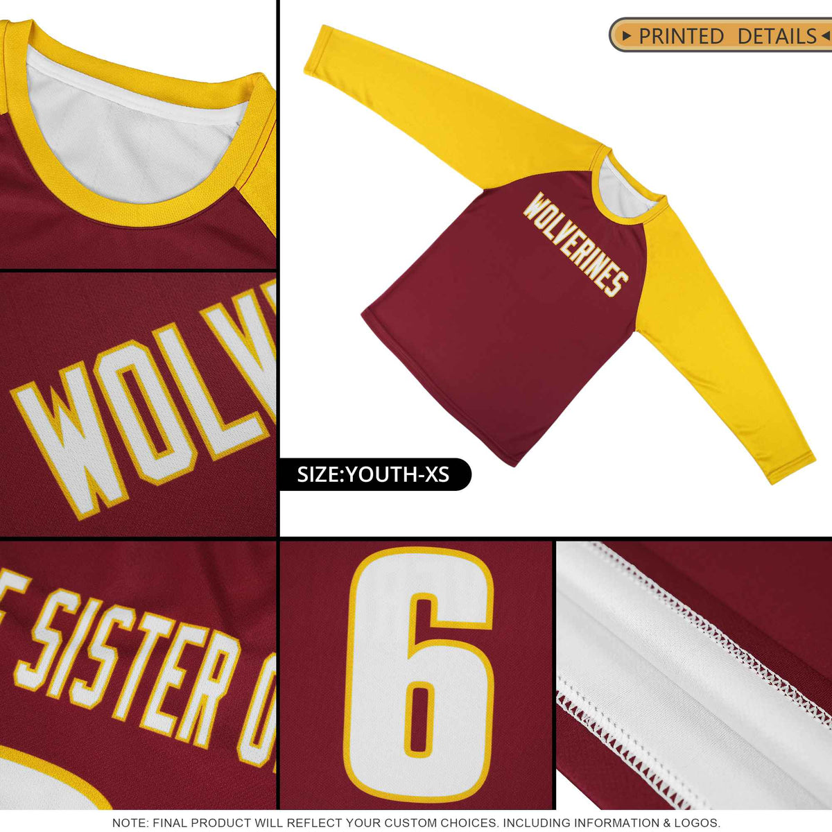 Custom Crimson Gold Crew Neck Split Design Long Sleeve Performance T-Shirt