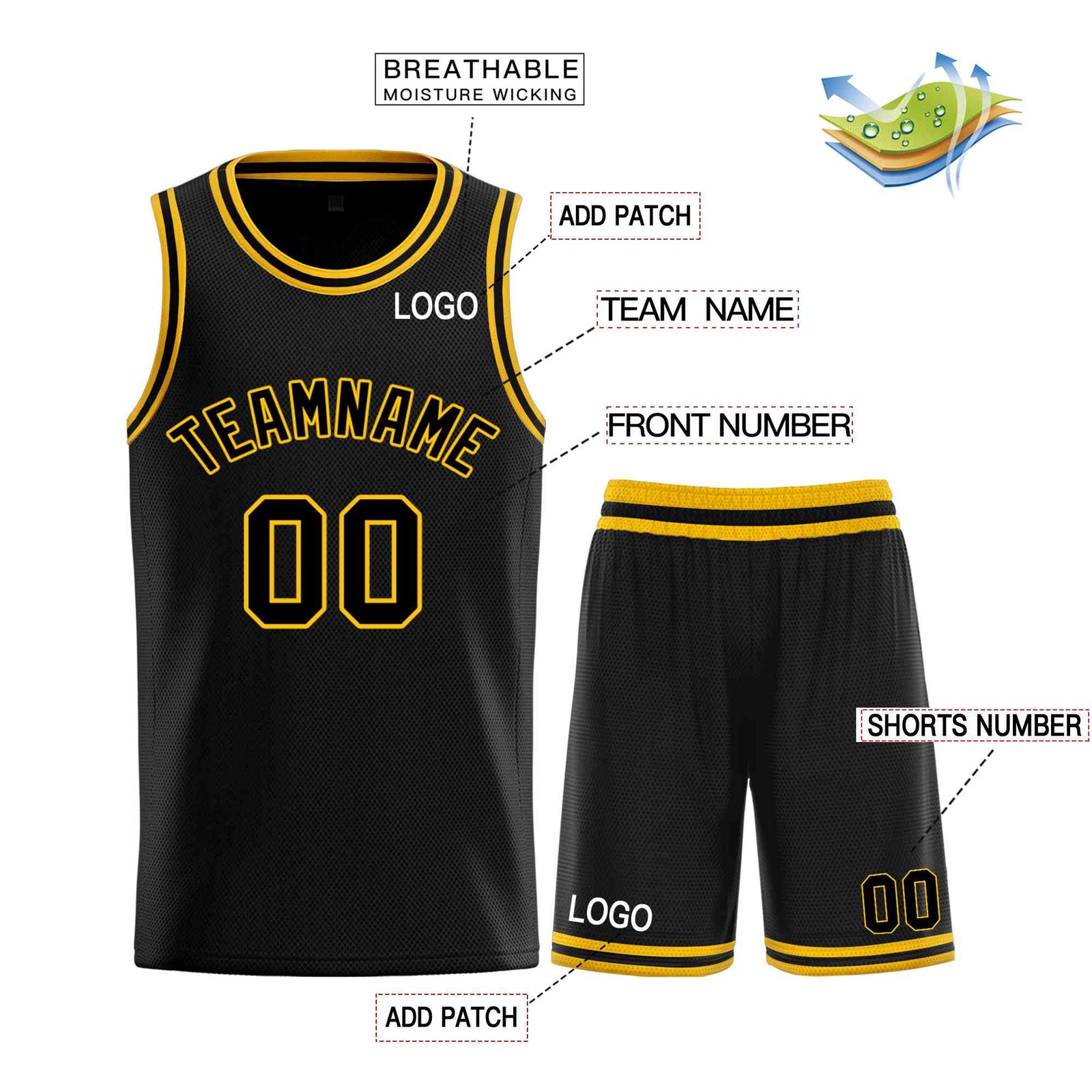 Custom Black Yellow-Classic Sets Curved Basketball Jersey