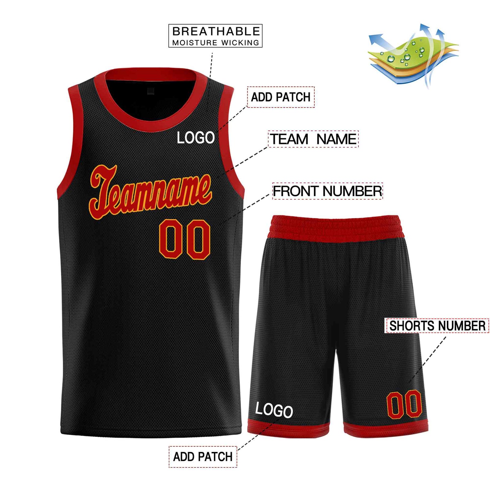 Custom Black Red-Yellow Classic Sets Sports Uniform Basketball Jersey