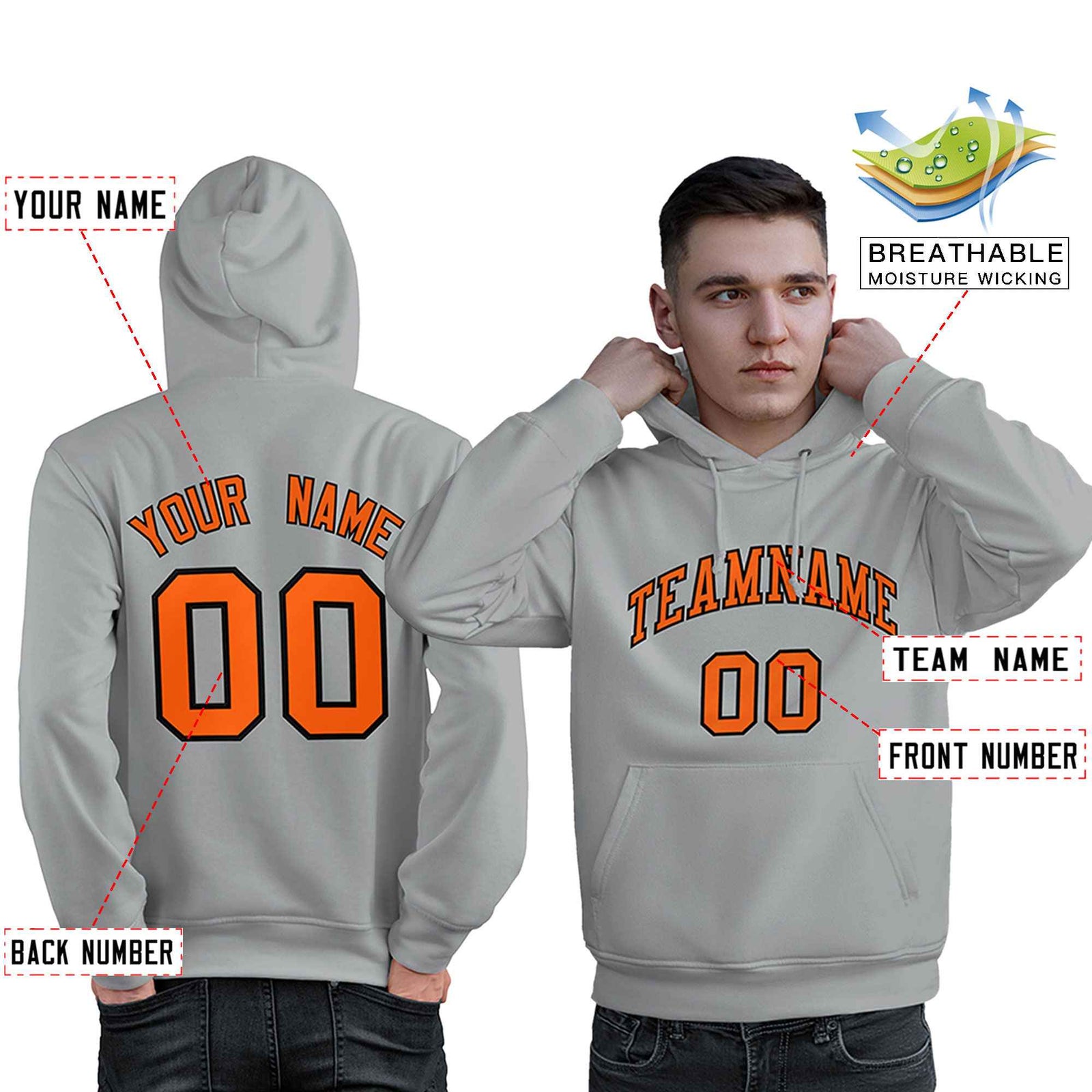 Custom Gray Orange-Black Classic Style Personalized Sport Pullover Hoodie