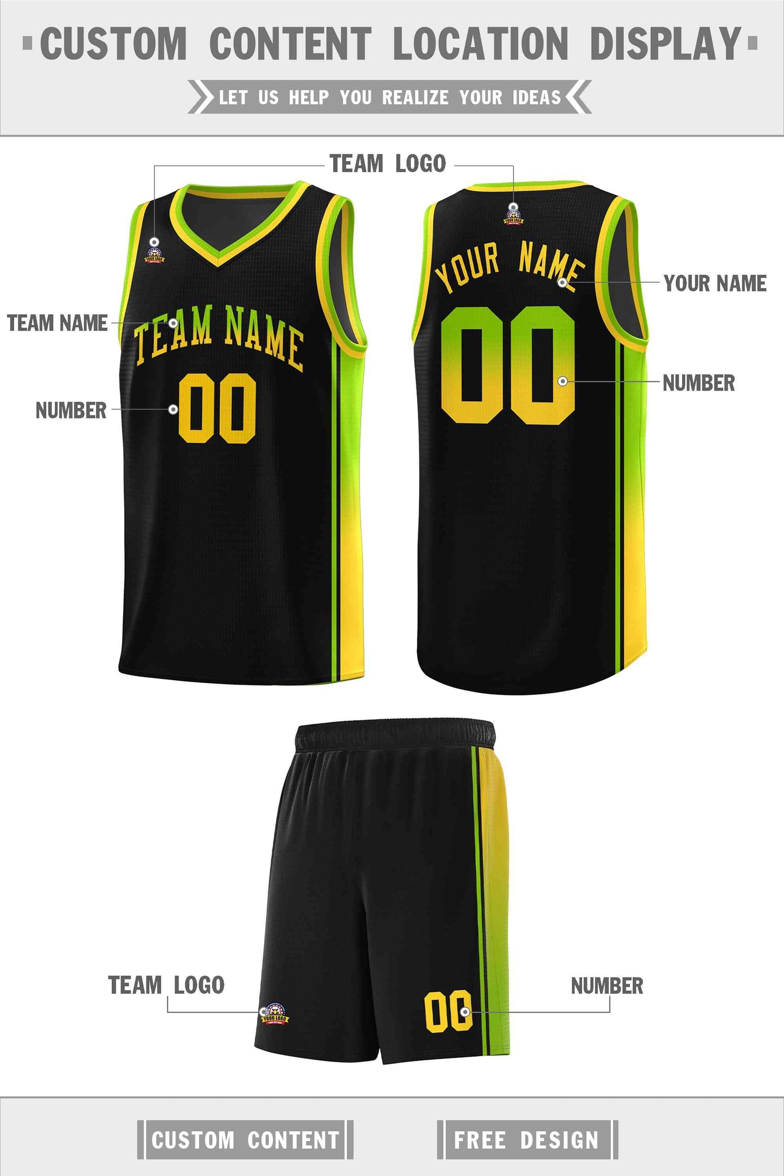 Custom Black Neon Green-Gold Gradient Fashion Sports Uniform Basketball Jersey