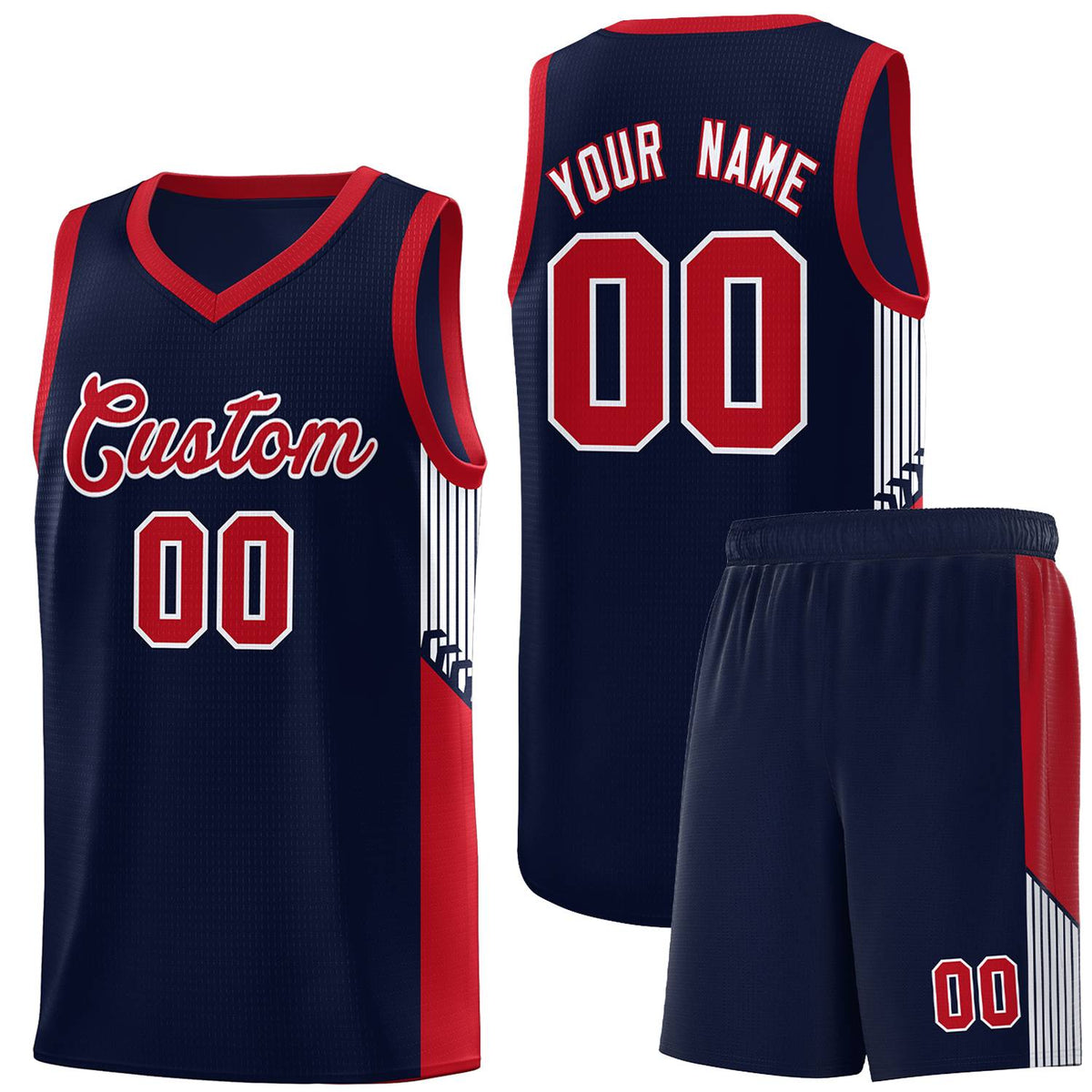 Custom Navy Red-White Side Stripe Fashion Sports Uniform Basketball Jersey