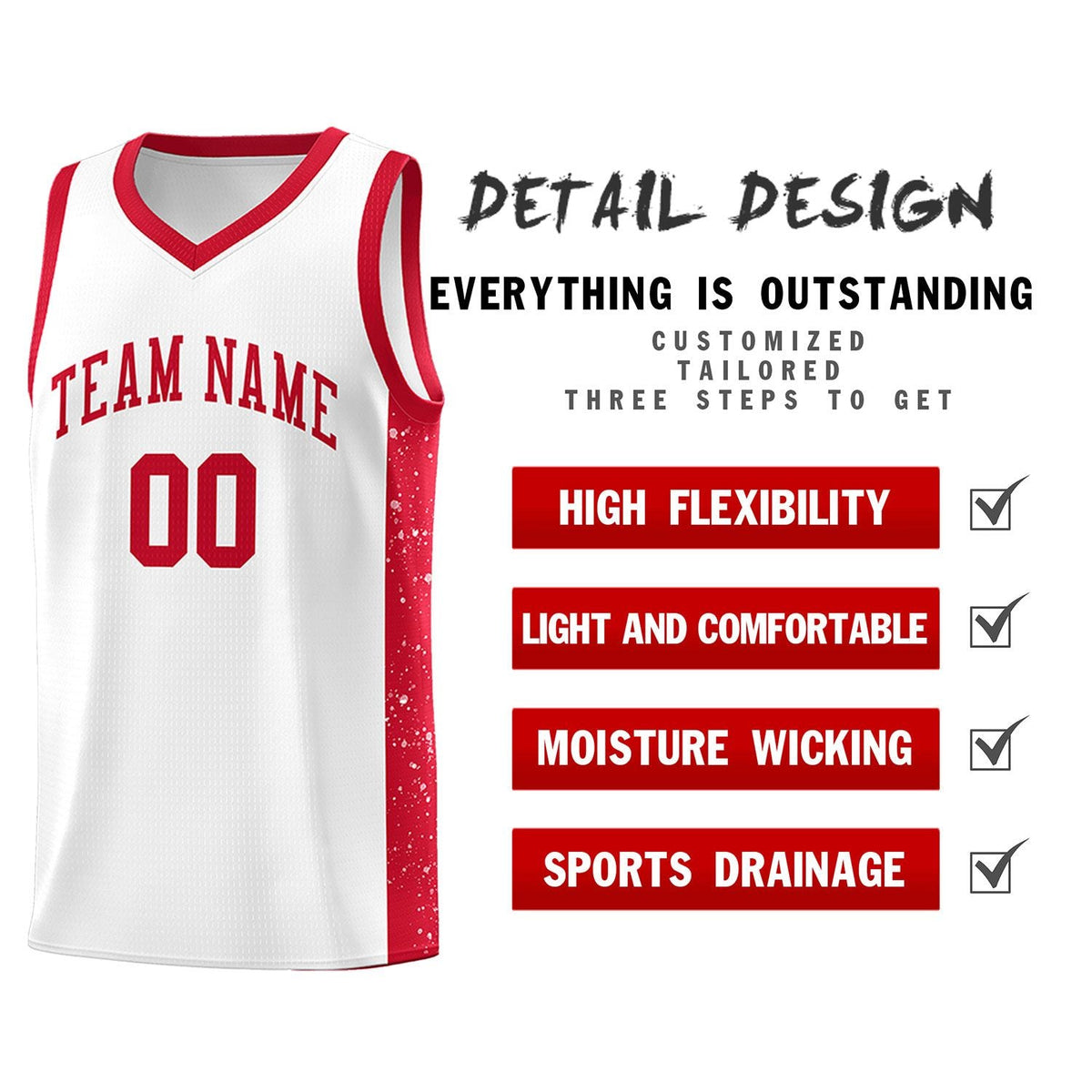 Custom White Red Side Splash Sports Uniform Basketball Jersey