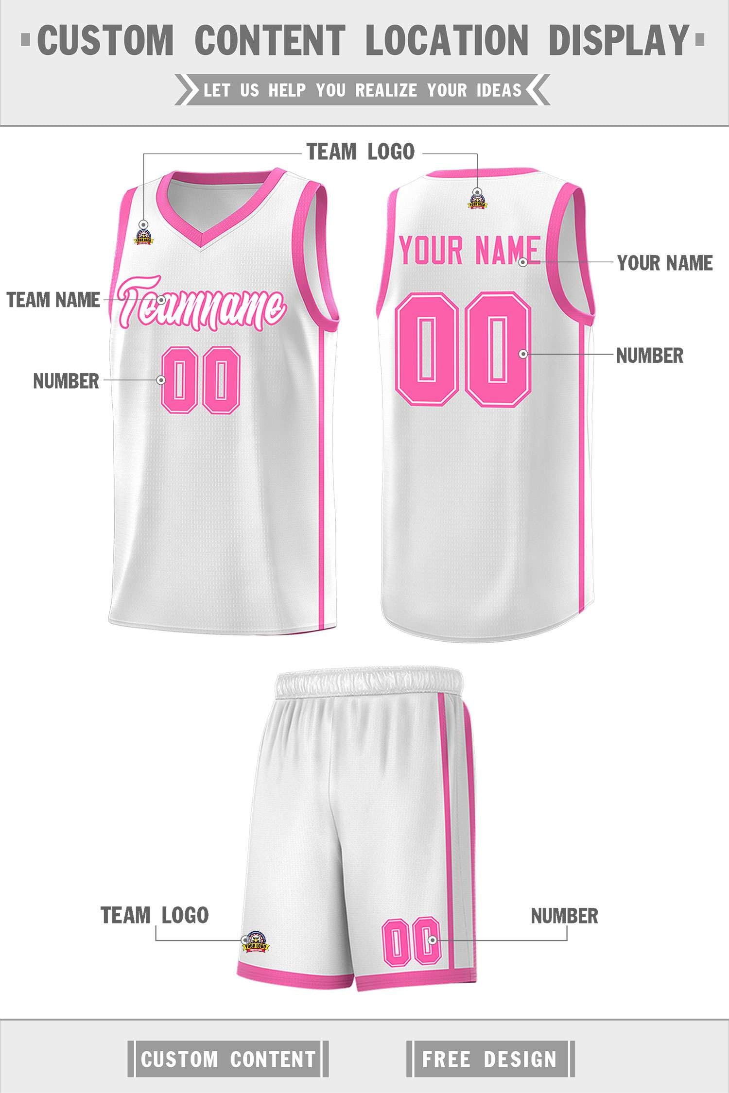 Custom White Pink Side Two Bars Sports Uniform Basketball Jersey
