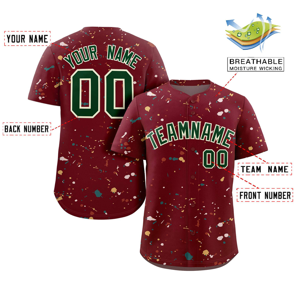 Custom Crimson Green-Cream Splash Graffiti Pattern Authentic Baseball Jersey