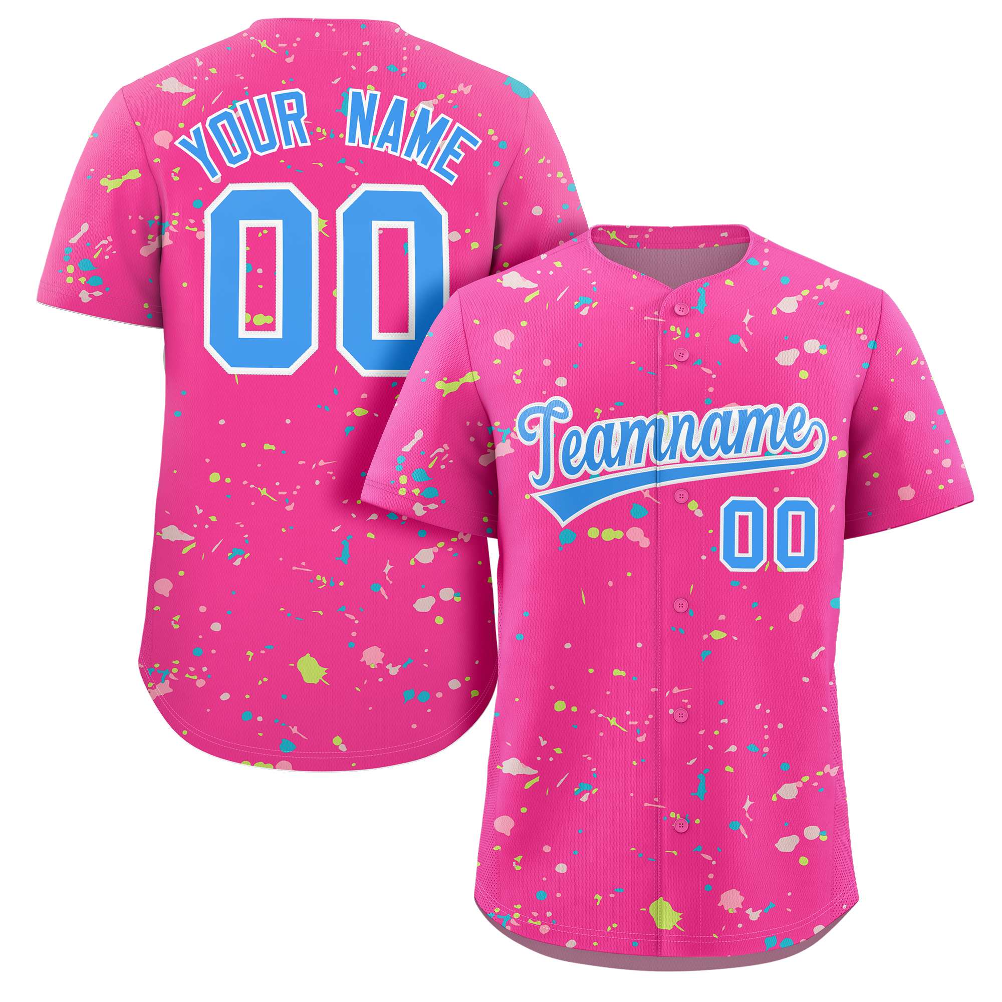 Front and back view of a custom pink splatter baseball jersey with 'Teamname', 'YOUR NAME' and number '00' placeholders
