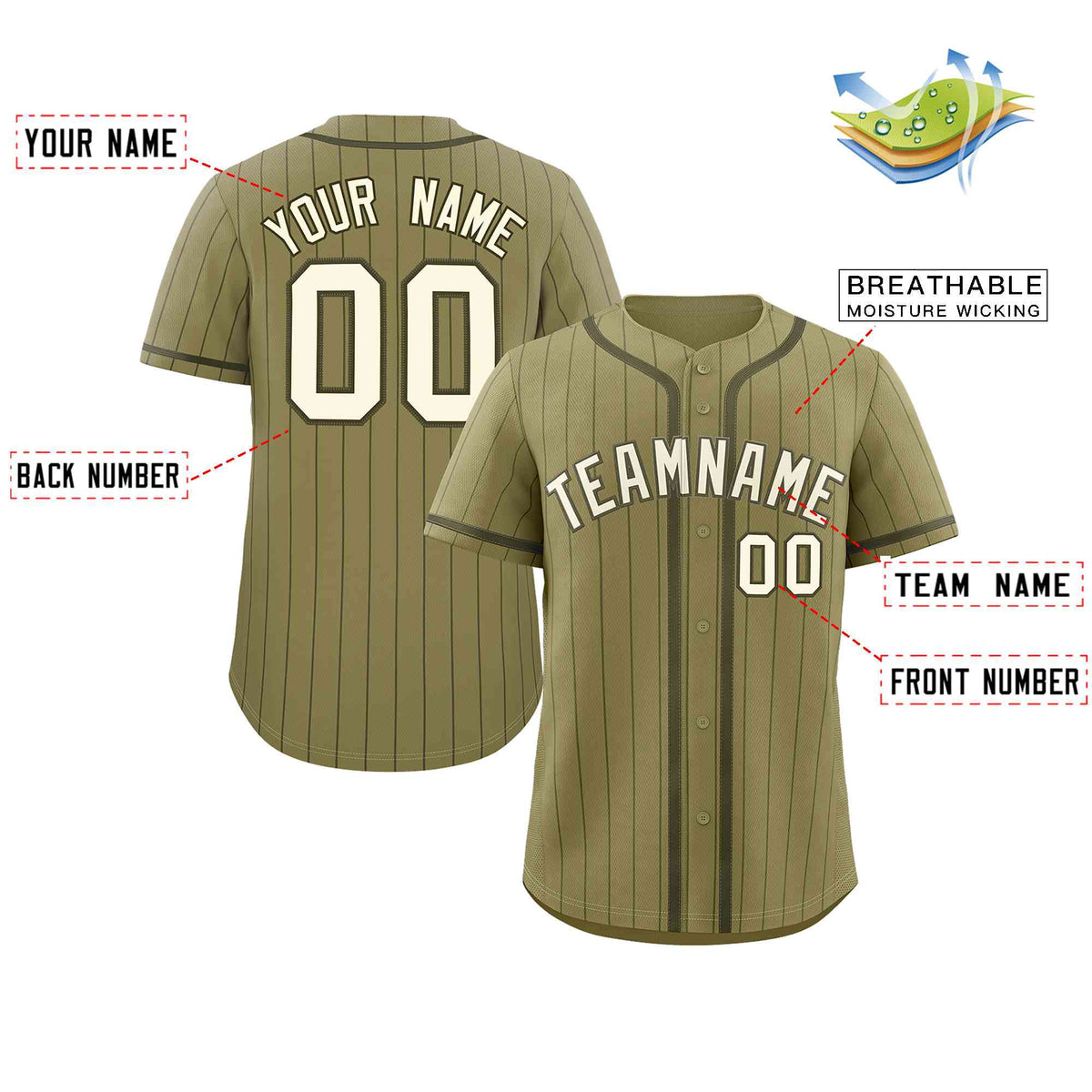 Custom Desert Yellow Olive Stripe Fashion Design Full Button Authentic Baseball Jersey