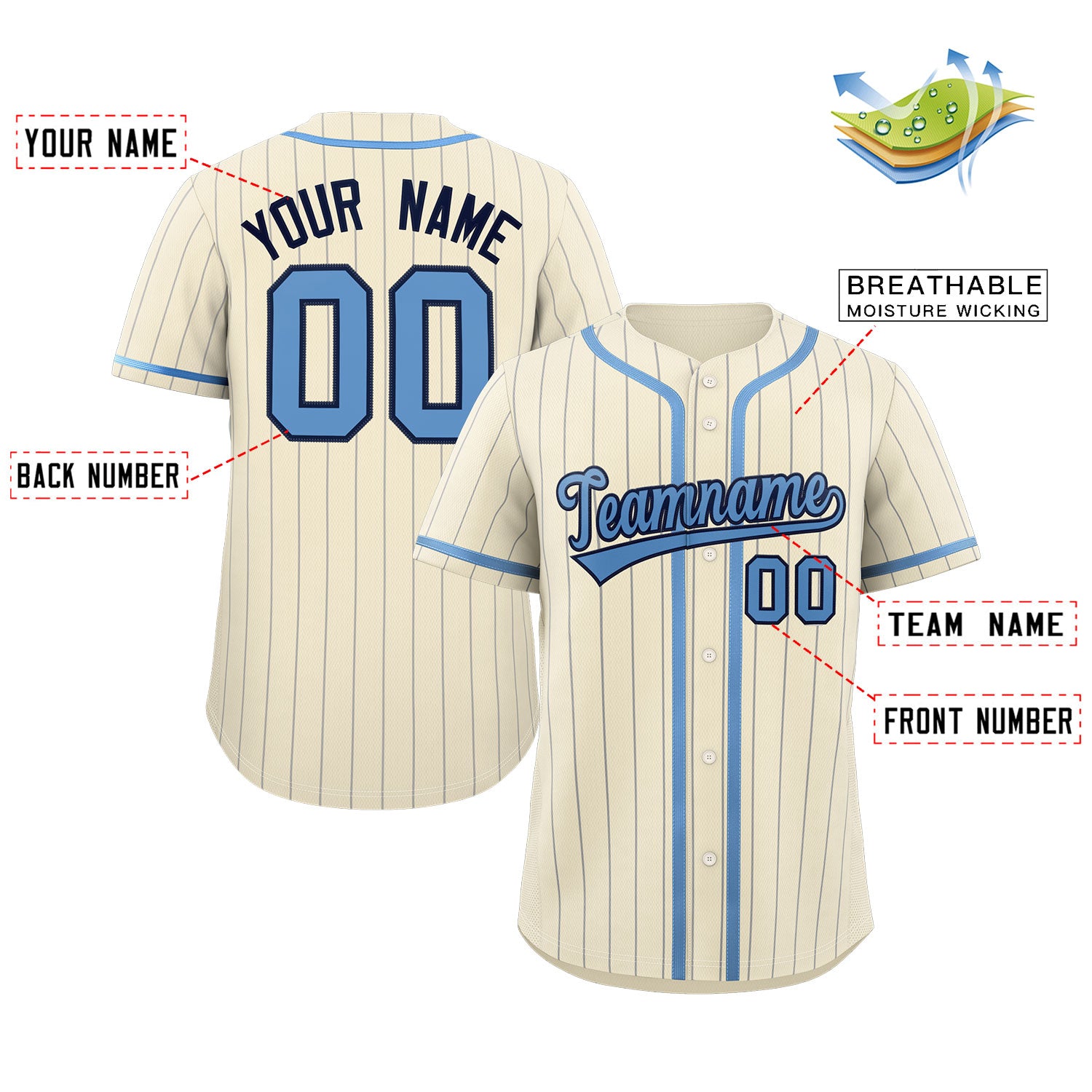 Custom Cream Light Blue-Light Gray Stripe Fashion Design Full Button Authentic Baseball Jersey