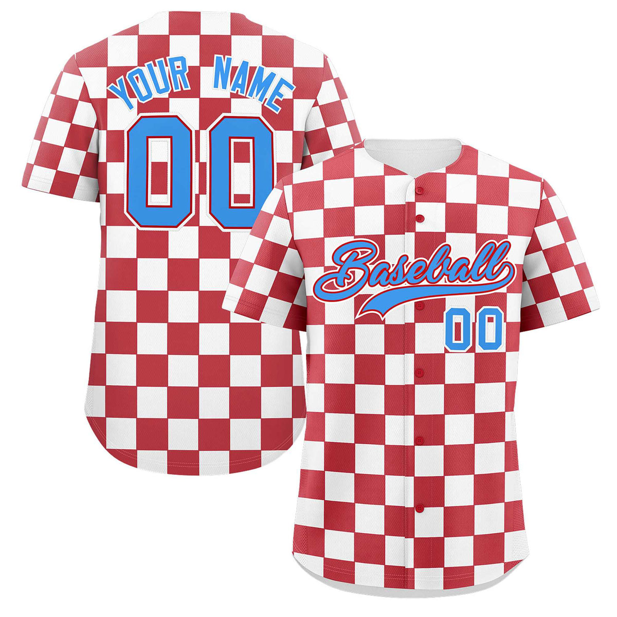 Custom Red White Square Grid Color Block Design Authentic Baseball Jersey