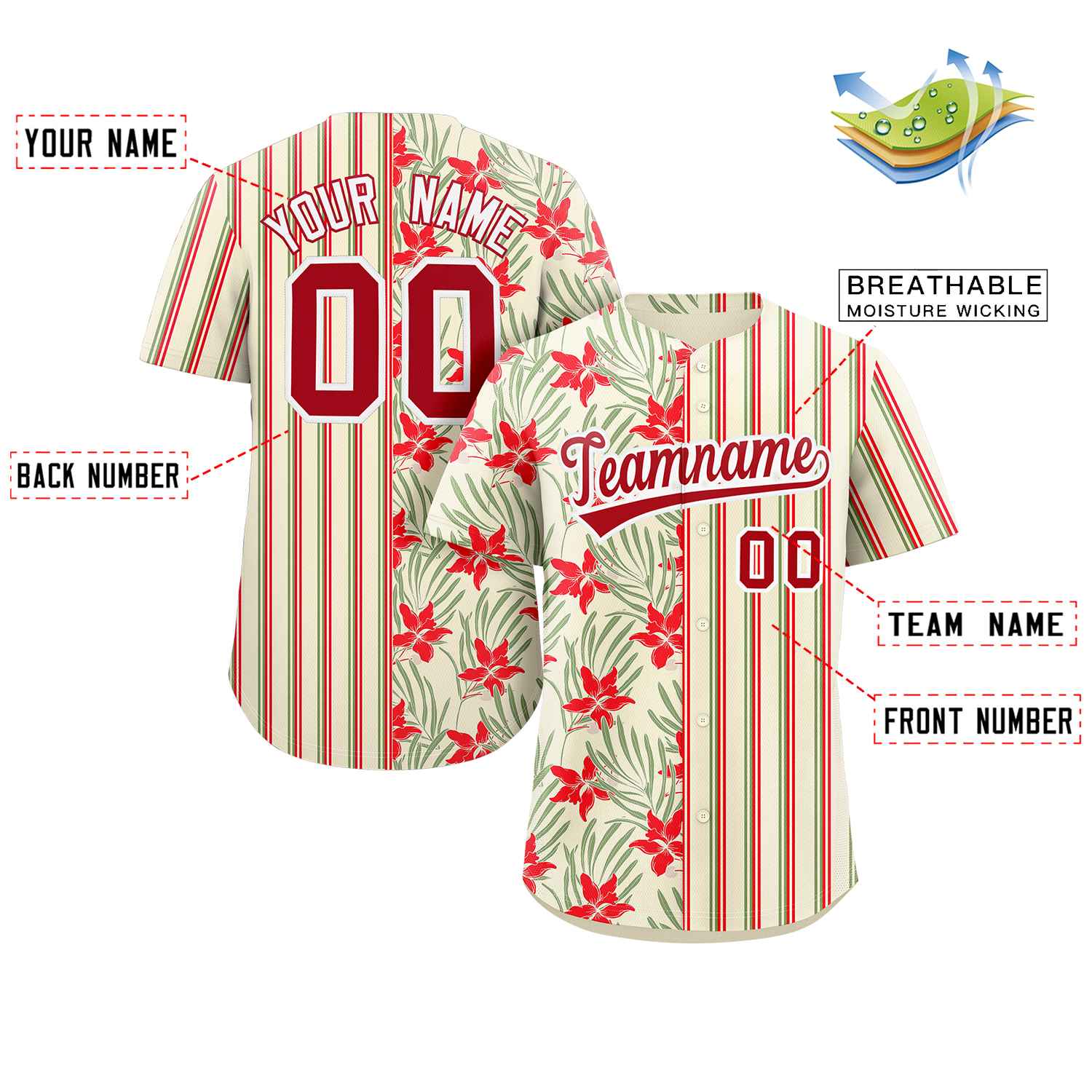 Custom Khaki Red-Green Hawaii Tropical Flower Stripe Fashion Baseball Jersey