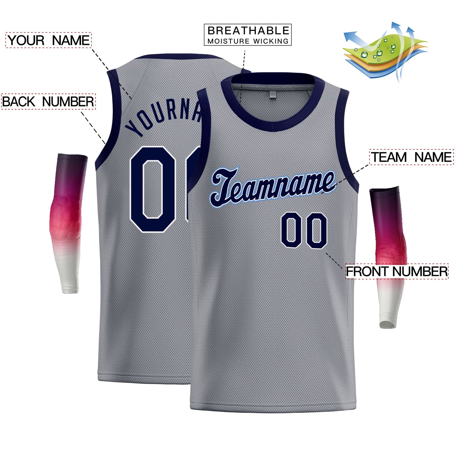 Custom Gray Navy-Blue Classic Tops Breathable Basketball Jersey