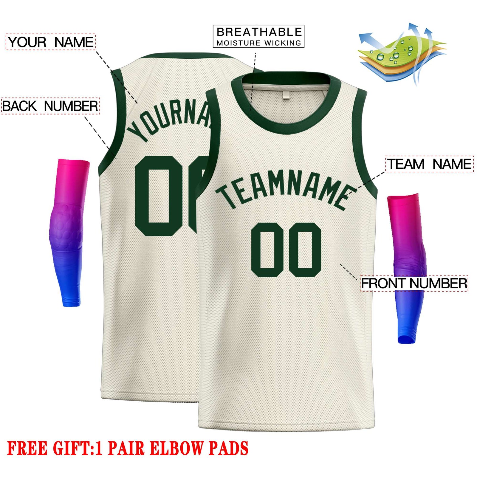 Custom Cream Green Classic Tops Casual Basketball Jersey