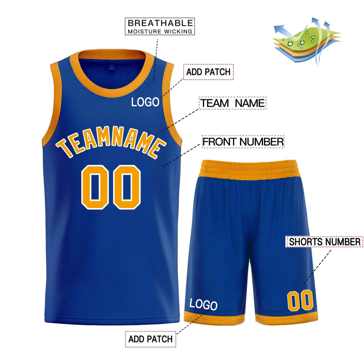 Custom Royal Yellow-White Classic Sets Curved Basketball Jersey