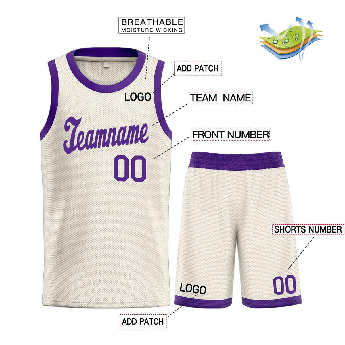 Custom Cream Purple Classic Sets Sports Uniform Basketball Jersey