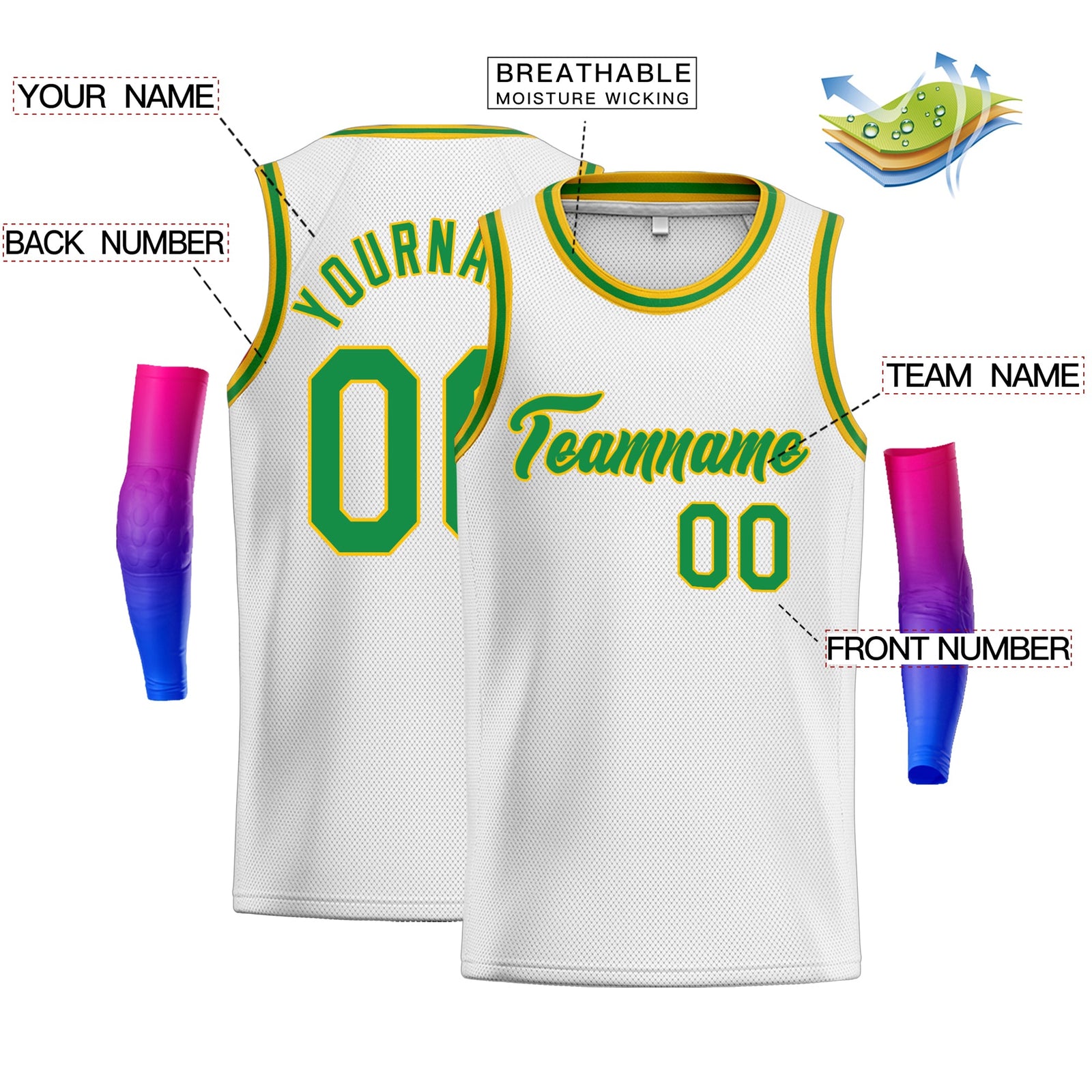 Custom White Kelly Green-Gold Classic Tops Authentic Basketball Jersey