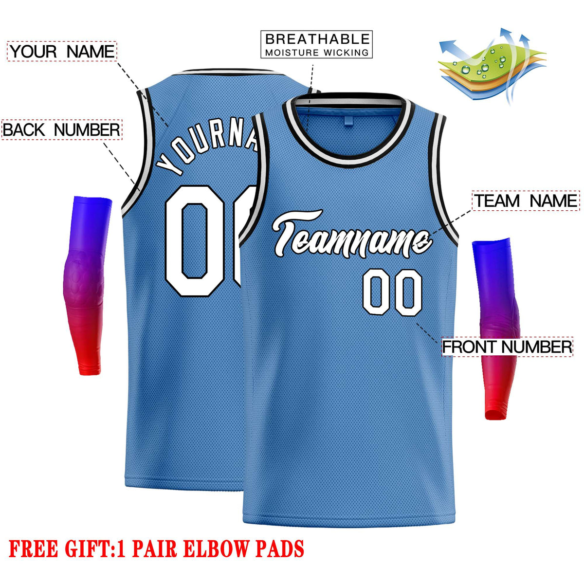 Custom Light Blue White-Black Classic Tops Casual Basketball Jersey