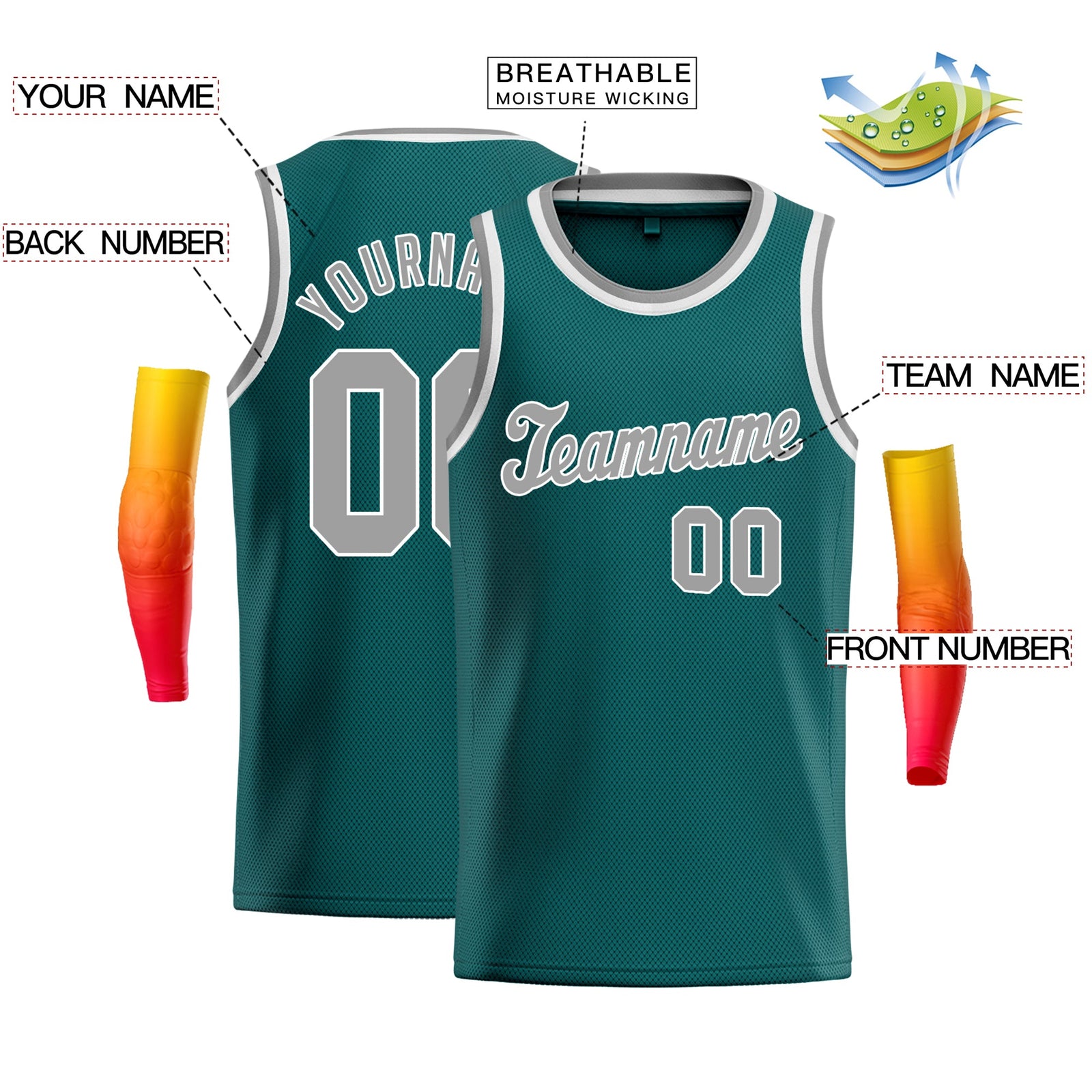 Custom Teal Gray-White Classic Tops Fashion Sportwear Basketball Jersey