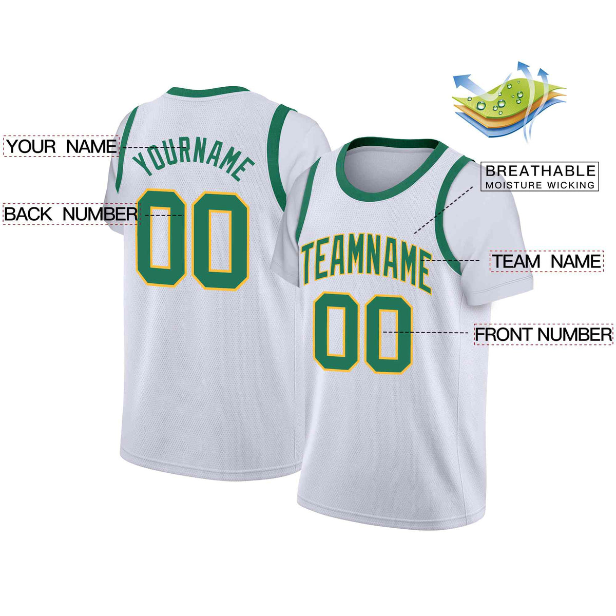 Custom White Green-Yellow Classic Tops Casual Fake Sleeve Basketball Jersey