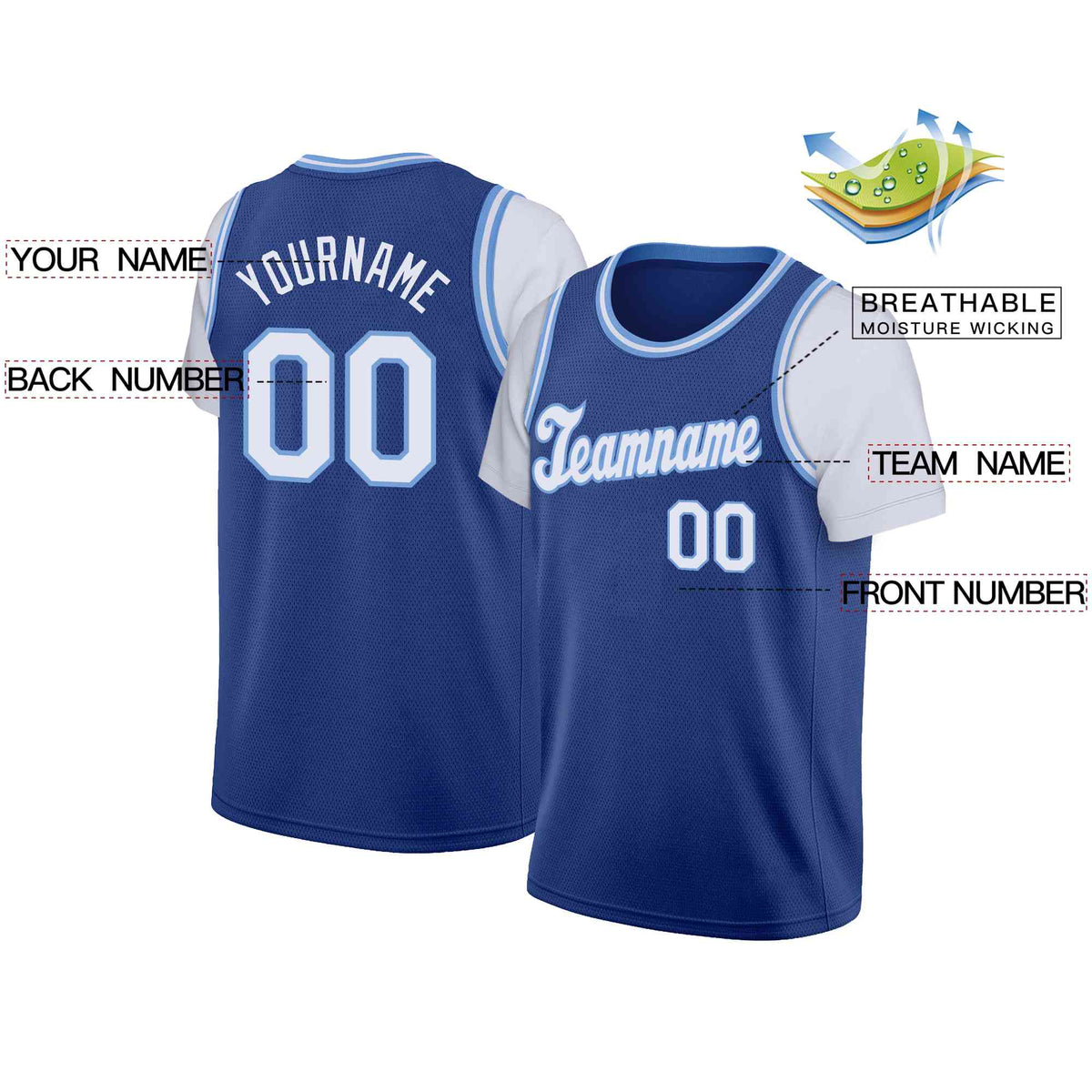 Custom Royal White-Light Blue Classic Tops Casual Fake Sleeve Basketball Jersey