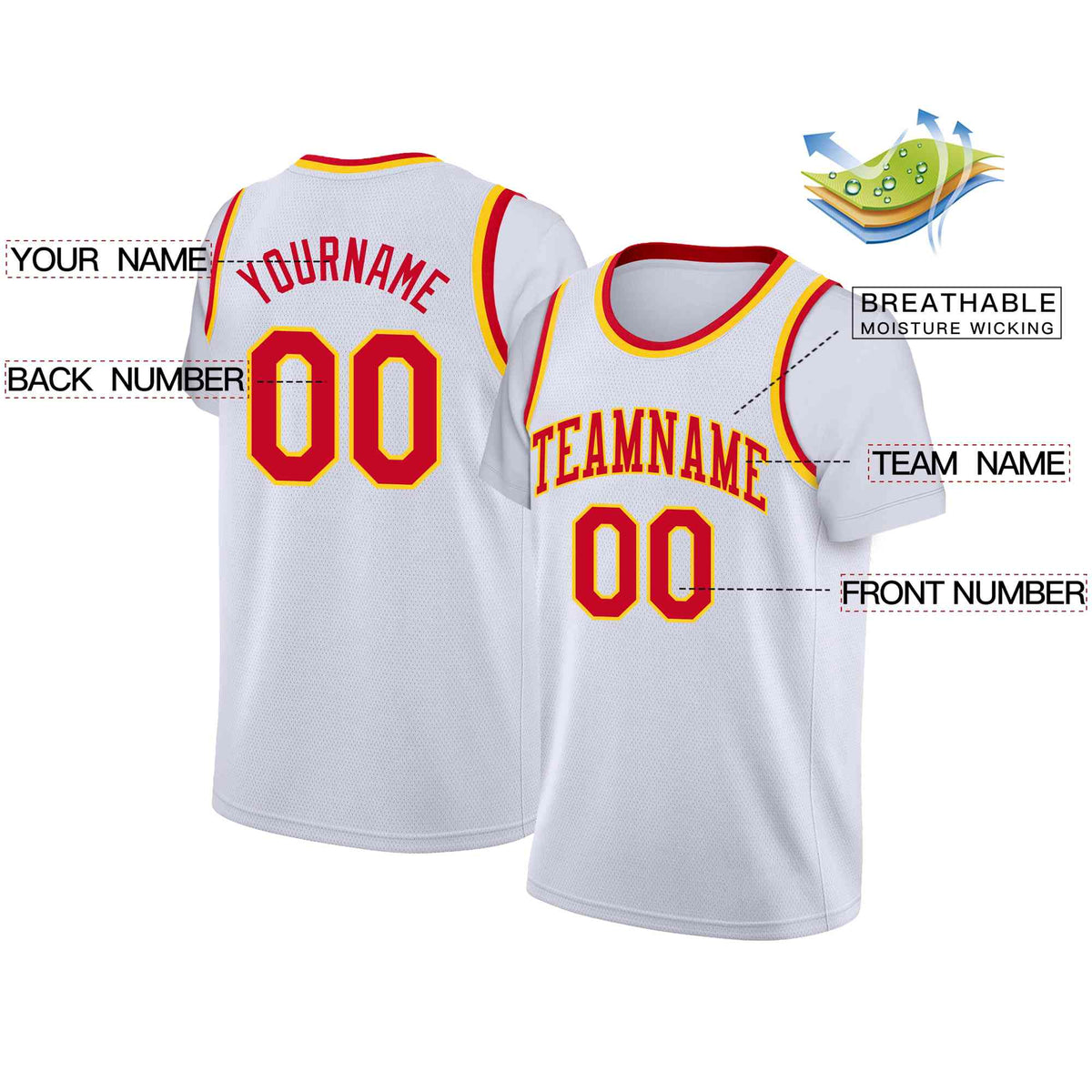 Custom White Red-Yellow Classic Tops Casual Fake Sleeve Basketball Jersey