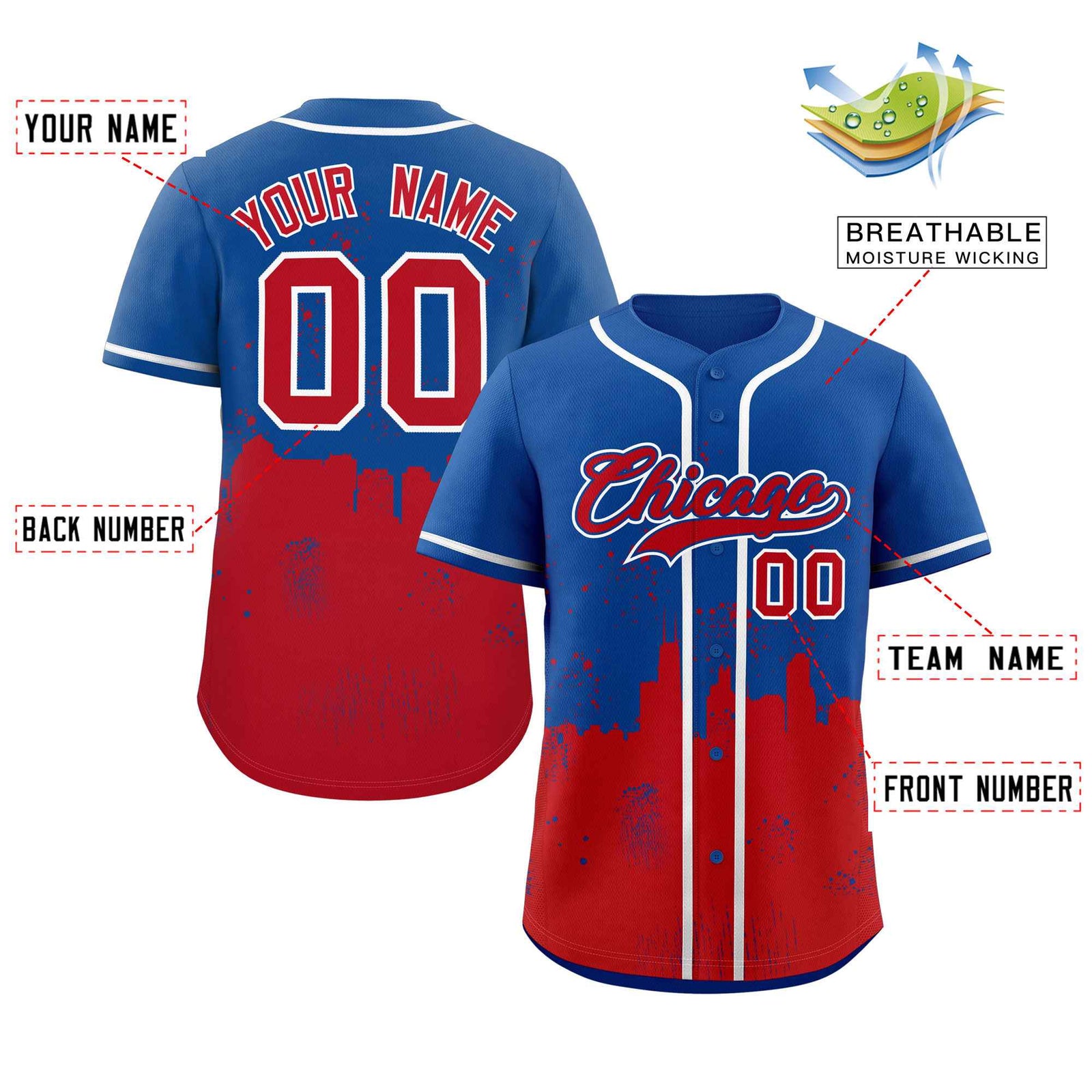 Custom Royal Red Personalized Chicago City Nightscape Authentic Baseball Jersey