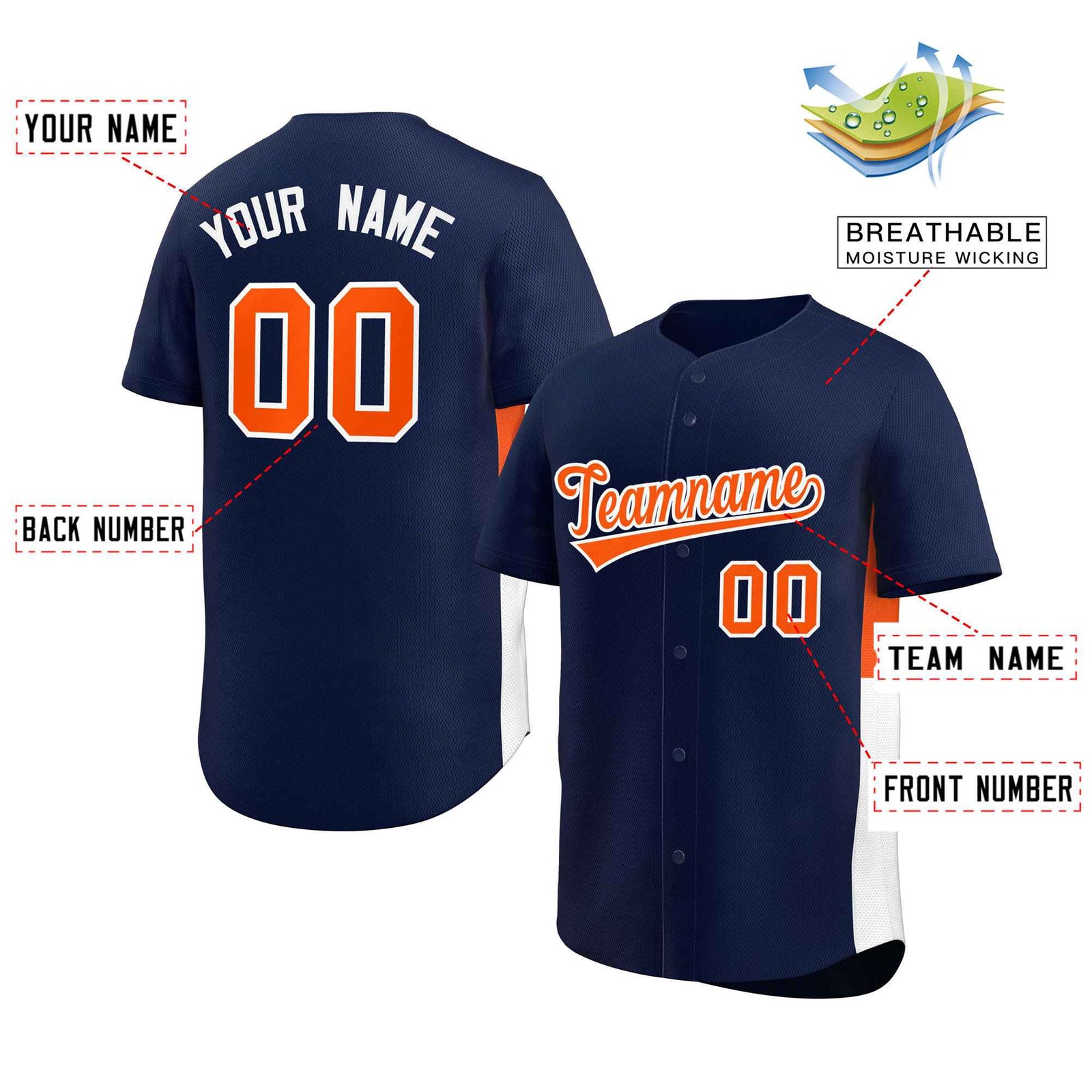 Custom Navy Orange-White Personalized Side Two-Tone Design Authentic Baseball Jersey