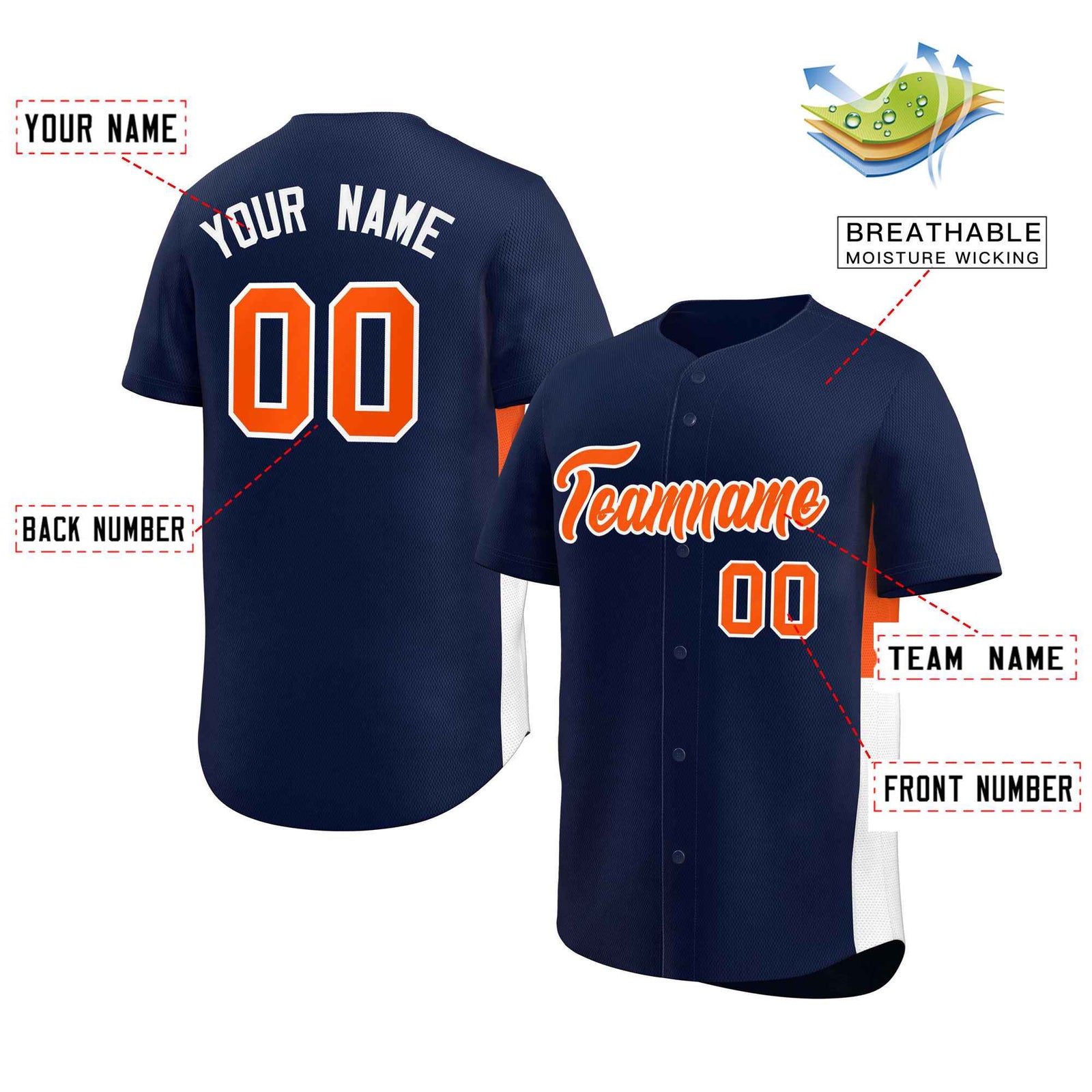Custom Navy Orange-White Personalized Side Two-Tone Design Authentic Baseball Jersey