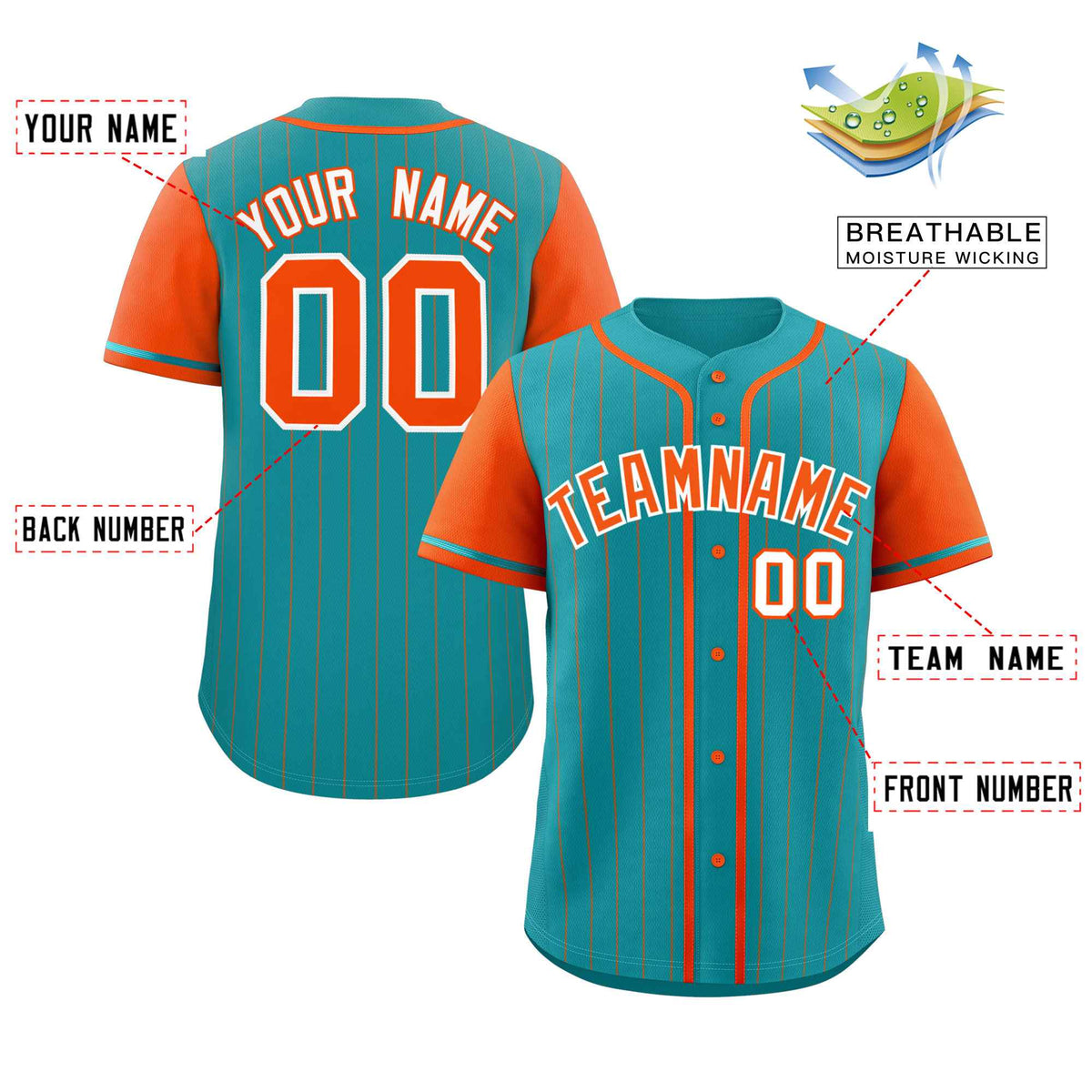 Custom Aqua Orange Stripe Fashion Raglan Sleeves Authentic Baseball Jersey