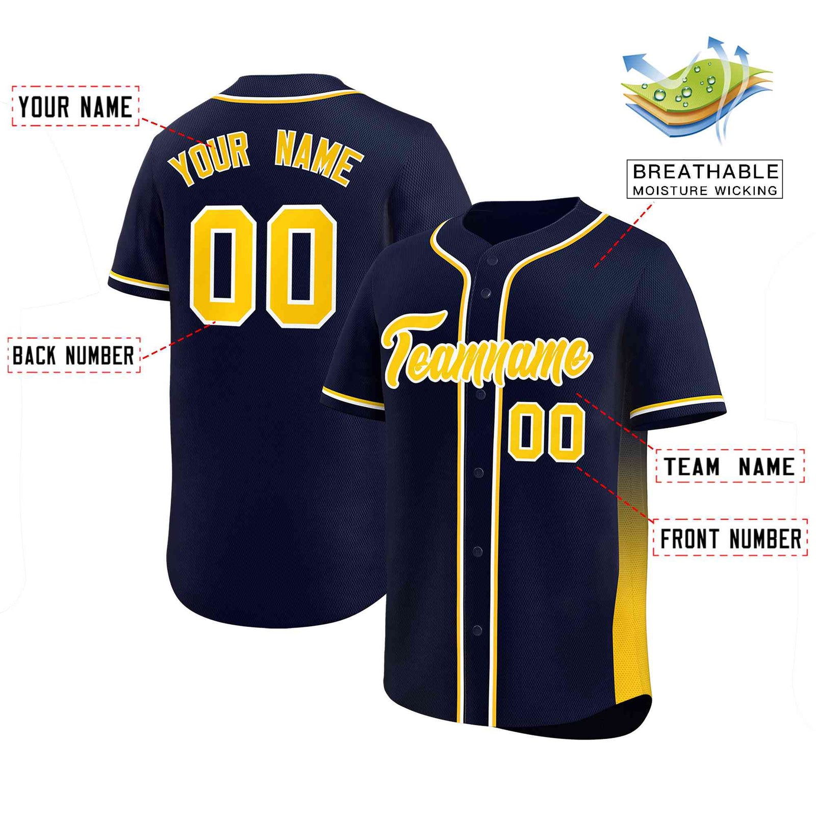 Custom Navy Gold Personalized Gradient Side Design Authentic Baseball Jersey