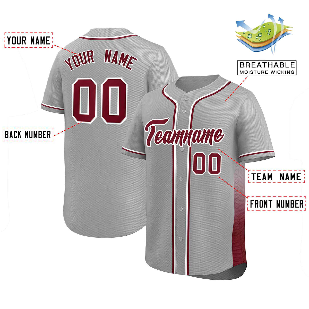 Custom Gray Crimson Personalized Gradient Side Design Authentic Baseball Jersey