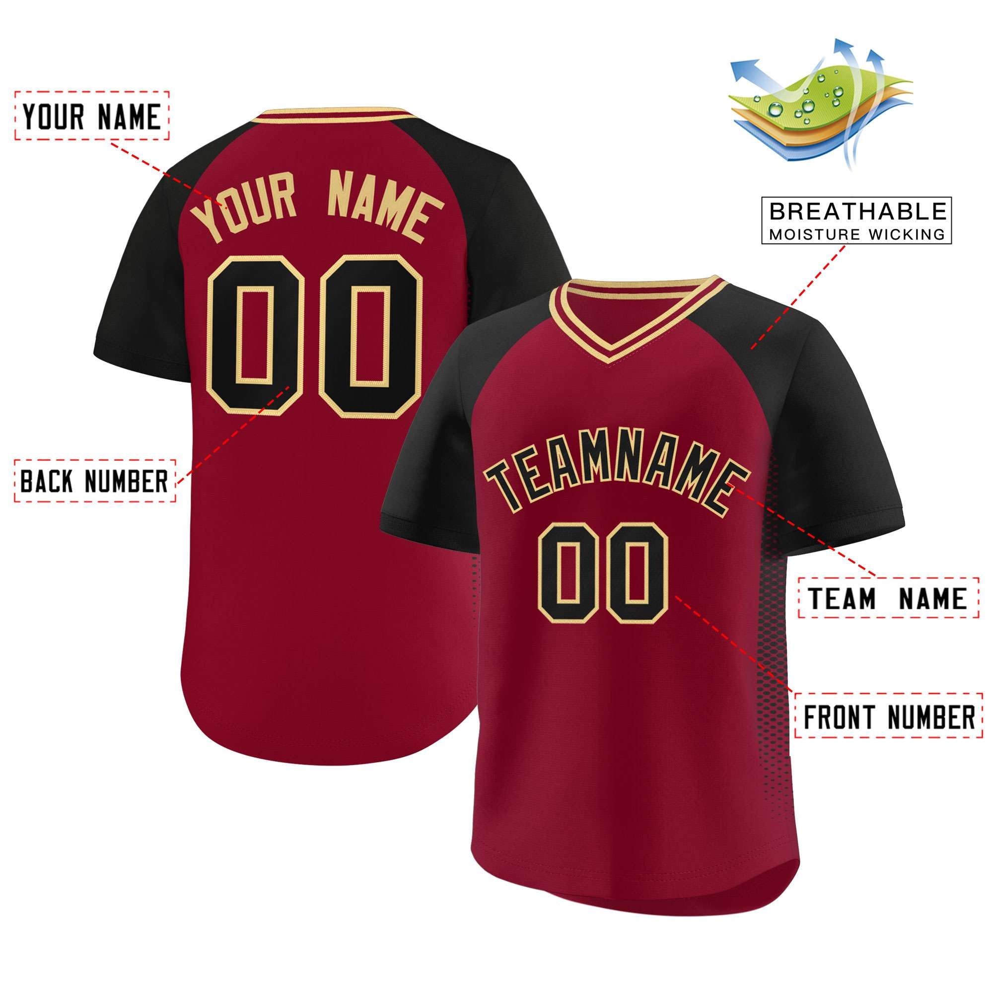 Custom Crimson Black Raglan Sleeves Side Spot Authentic Pullover Baseball Jersey